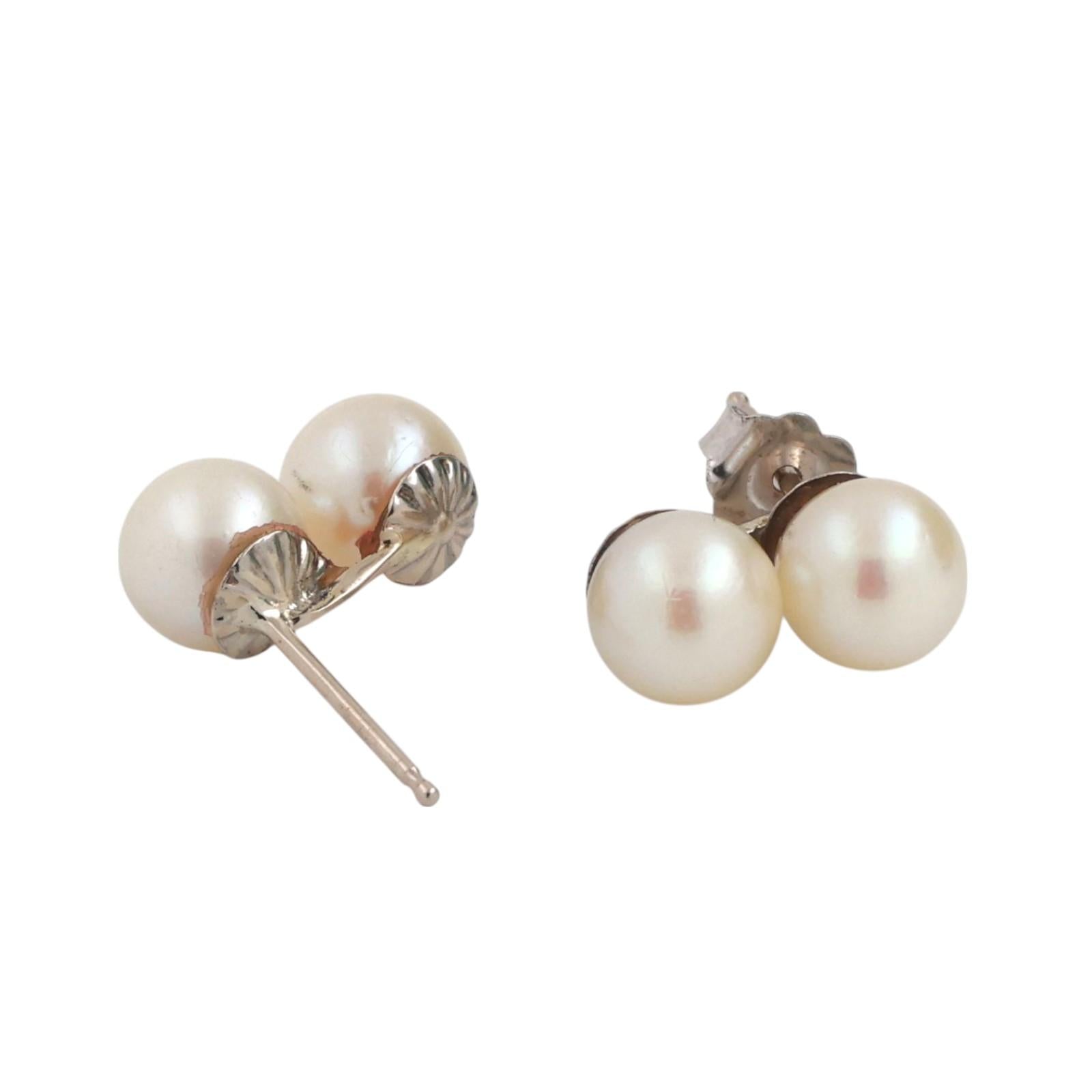 Vintage Double Akoya Pearl Stud Drop Earrings 14K Yellow Gold 0.45" Ladies