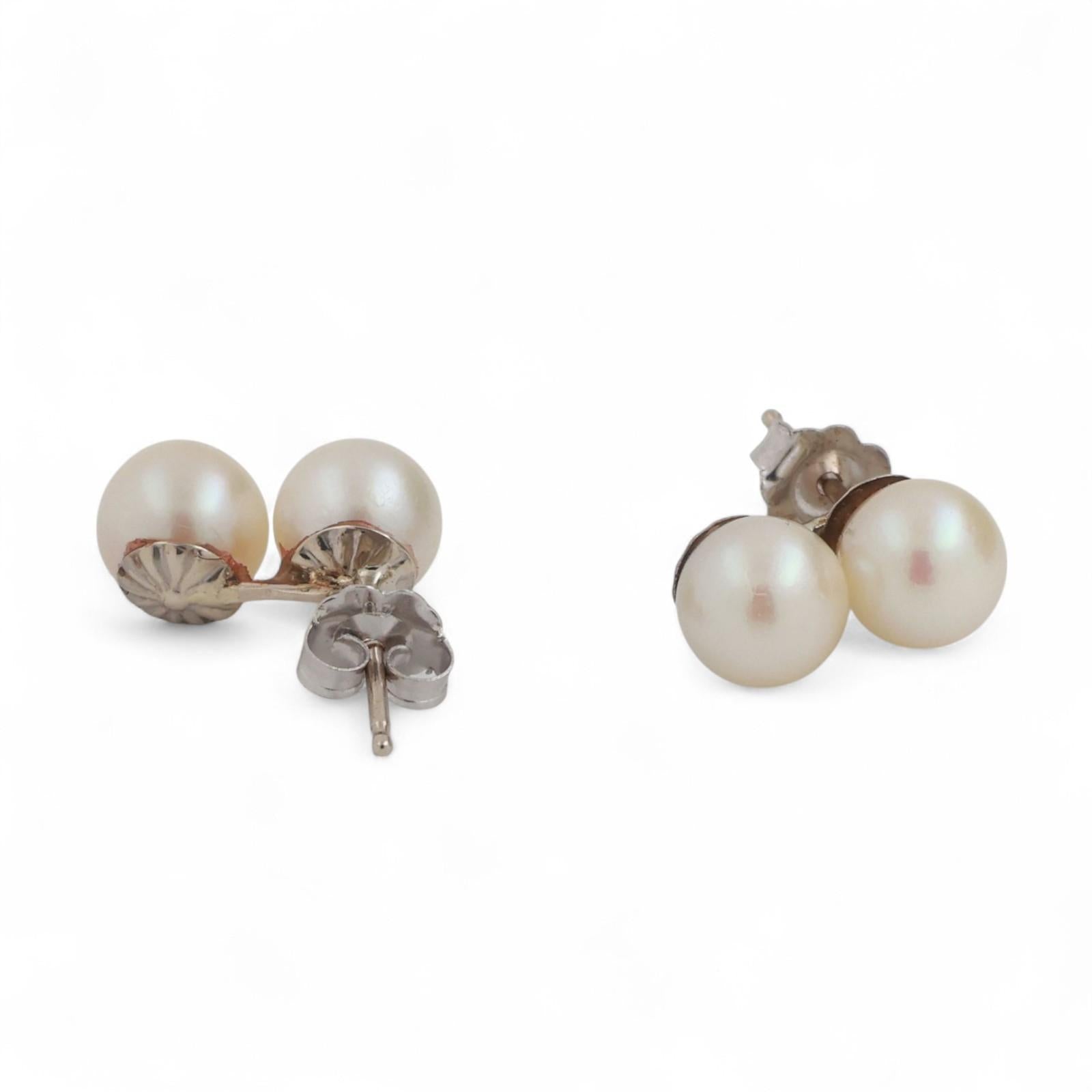 Vintage Double Akoya Pearl Stud Drop Earrings 14K Yellow Gold 0.45" Ladies