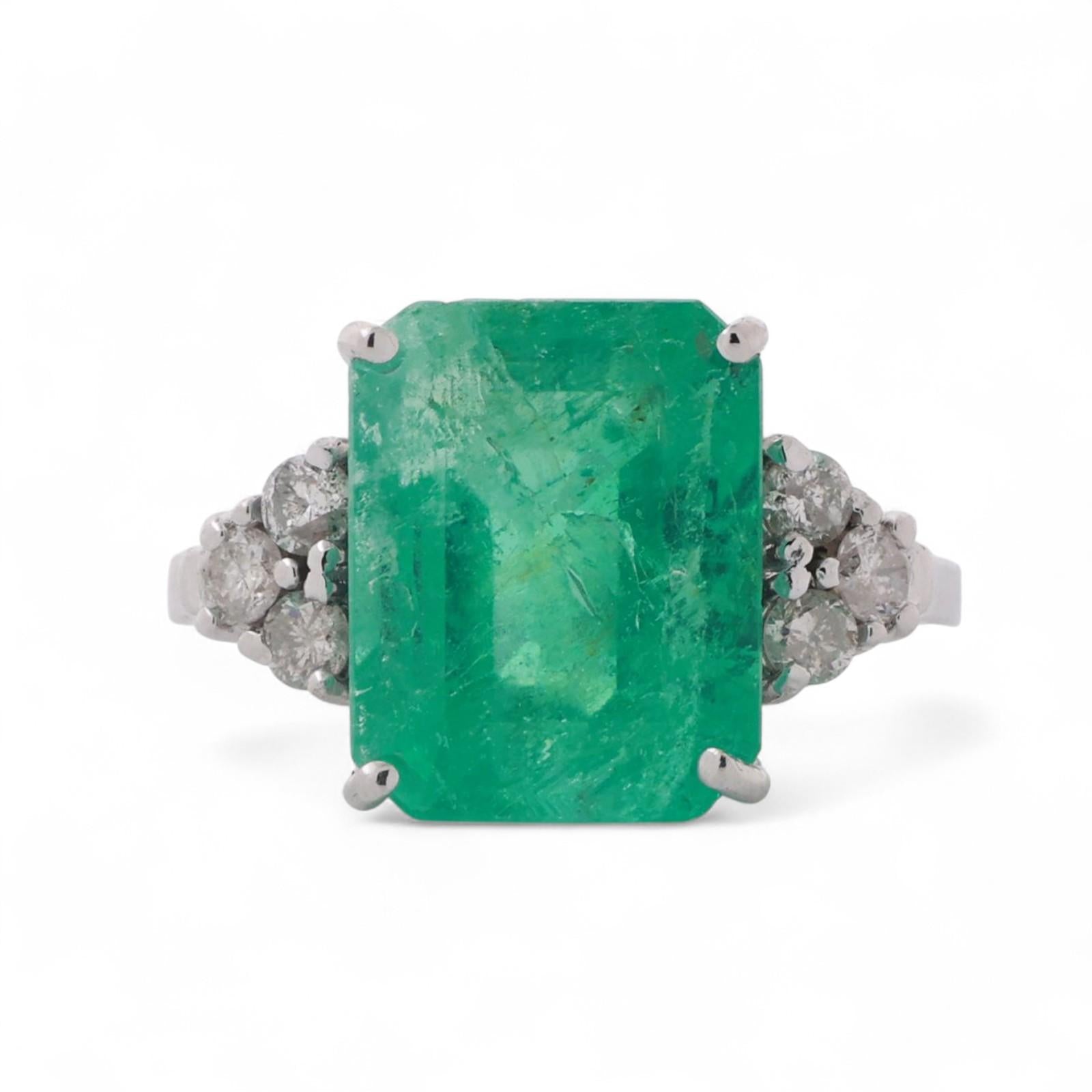 Solitaire Emerald Diamond Accent Cocktail Ring 14K White Gold 8.04 CTW Size 6.5