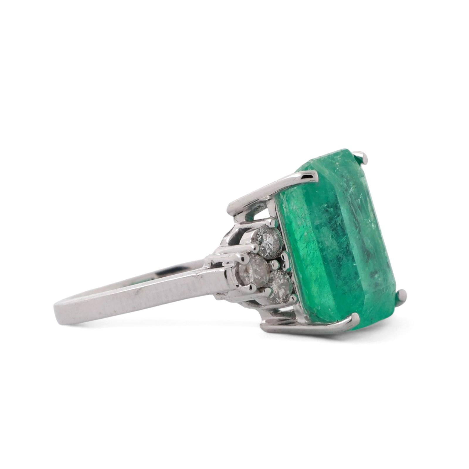 Solitaire Emerald Diamond Accent Cocktail Ring 14K White Gold 8.04 CTW Size 6.5