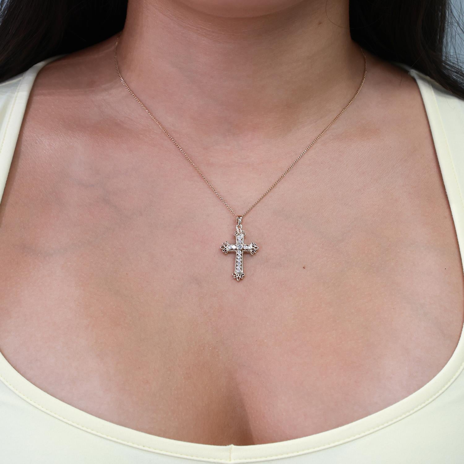 Religious Filigree Cross Pendant 0.25 TW Diamond Accents 14K Yellow Gold 1.25"
