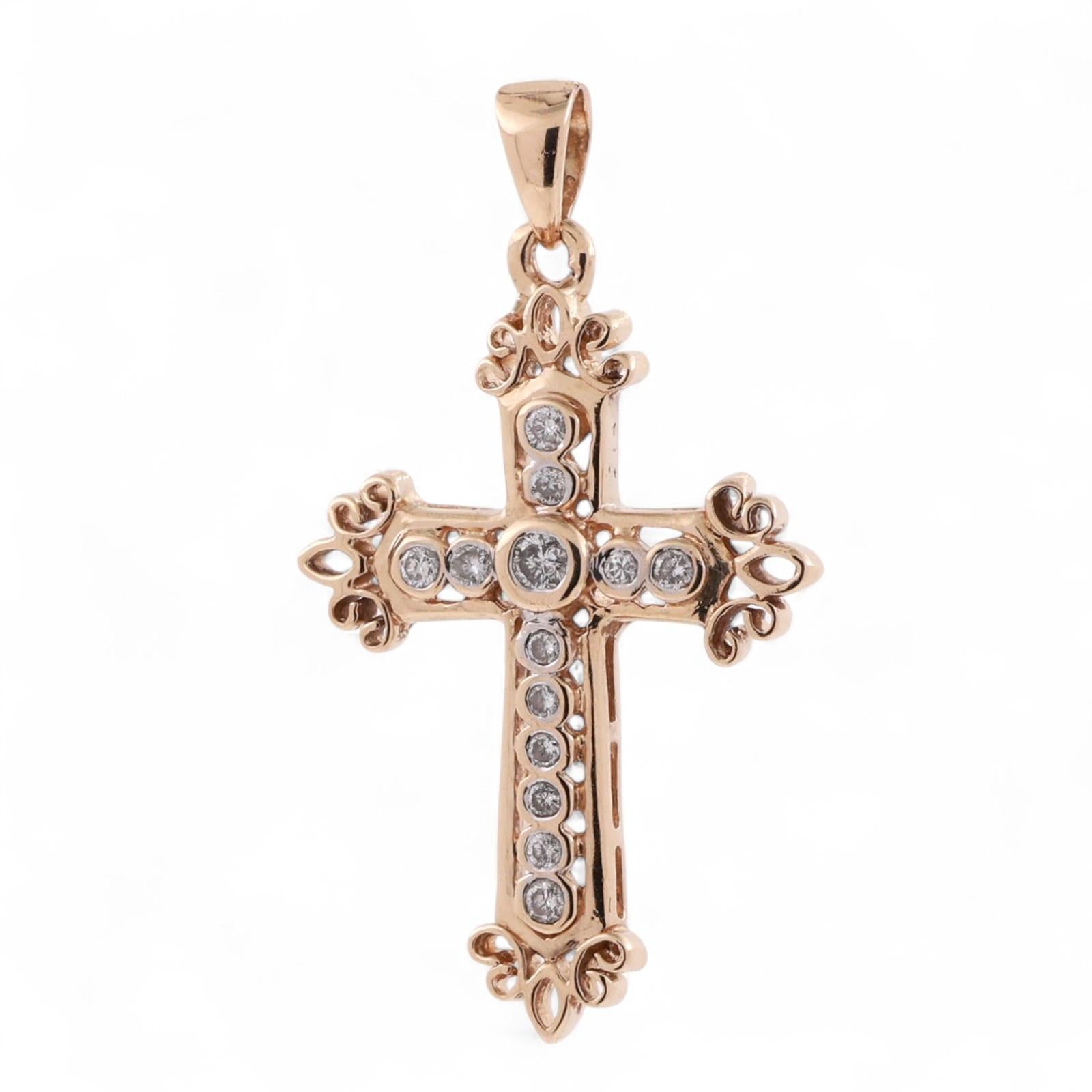 Religious Filigree Cross Pendant 0.25 TW Diamond Accents 14K Yellow Gold 1.25"