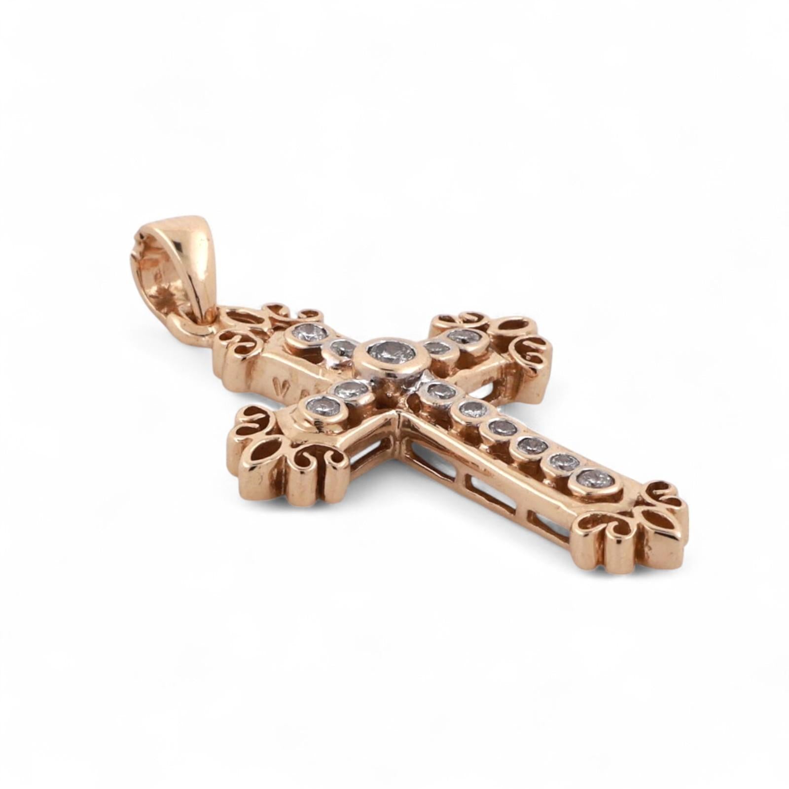 Religious Filigree Cross Pendant 0.25 TW Diamond Accents 14K Yellow Gold 1.25"