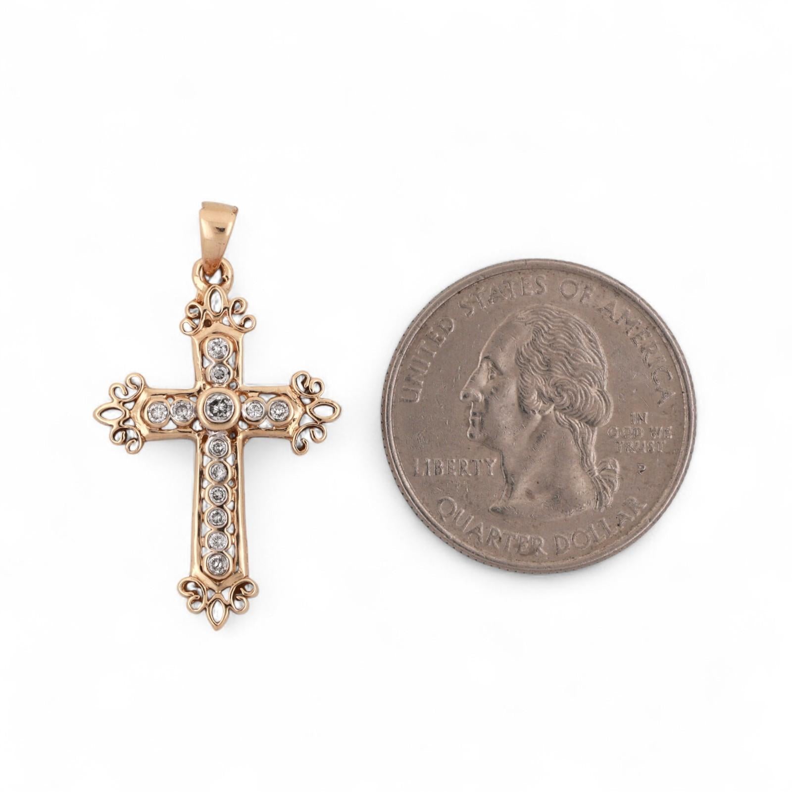 Religious Filigree Cross Pendant 0.25 TW Diamond Accents 14K Yellow Gold 1.25"