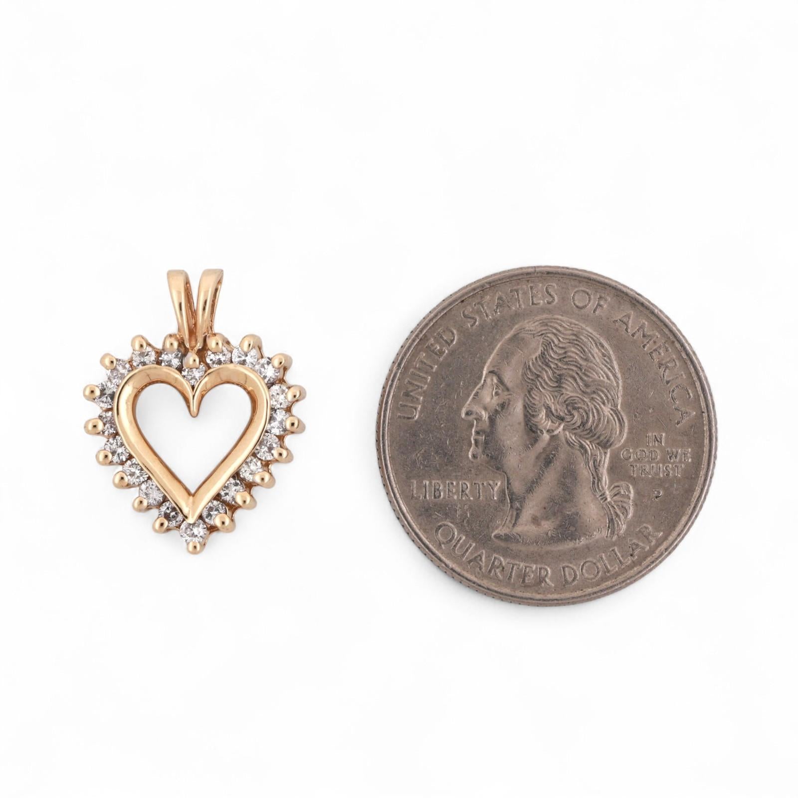 0.50 TW Diamond Open Heart Pendant Charm 14K Yellow Gold 0.75" Ladies Girls