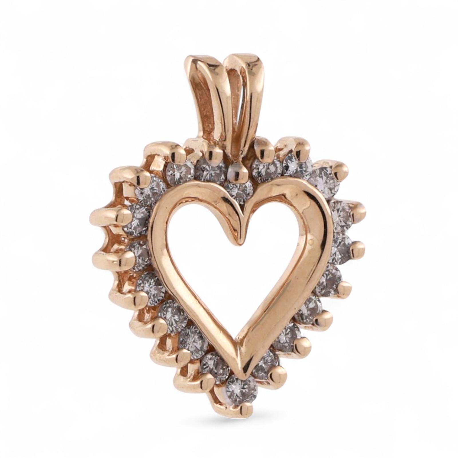0.50 TW Diamond Open Heart Pendant Charm 14K Yellow Gold 0.75" Ladies Girls