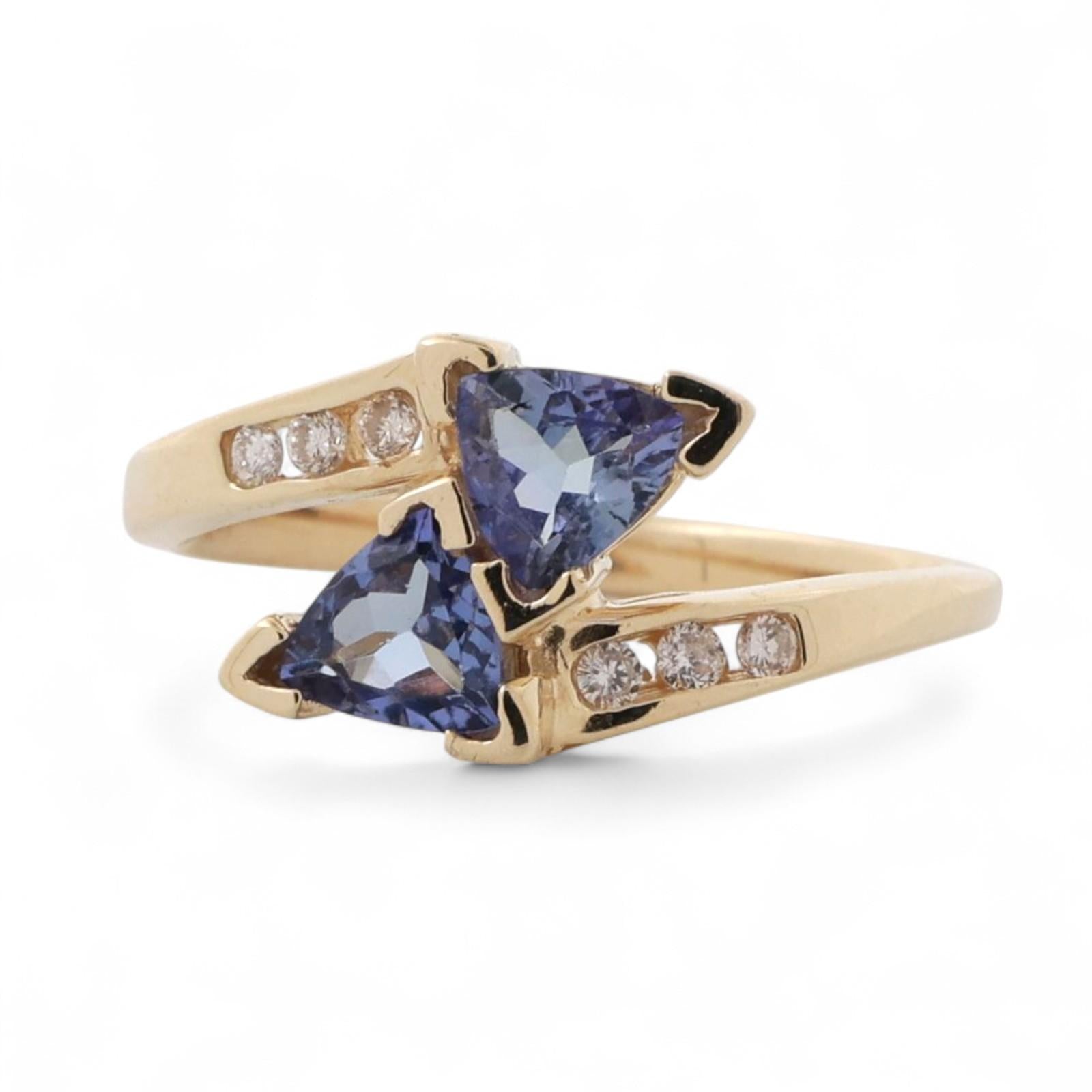 Tanzanite Diamond Bypass Ring 14K Yellow Gold 1.05 CTW Trillion Cut Size 7.25