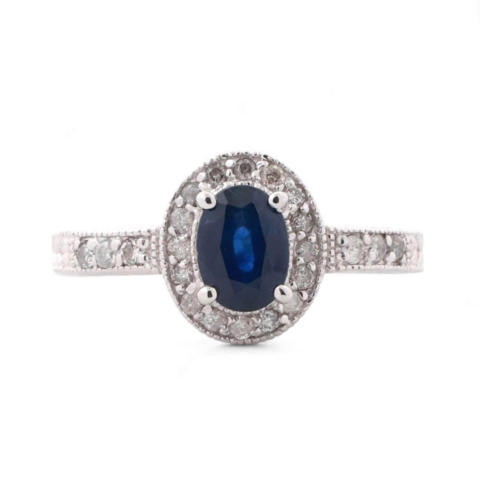 Sapphire Diamond Halo Ring 14K White Gold 1.43 CTW Size 7.25 Ladies Estate