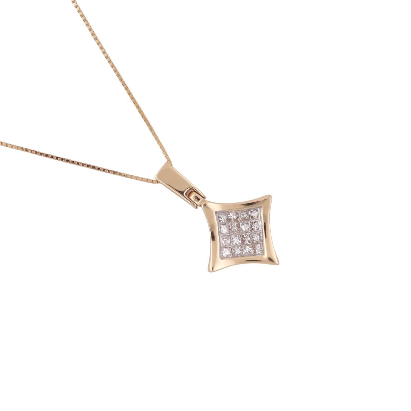 14K Yellow Gold Princess Cut Diamond Cluster Pendant Necklace 0.40 CTW 17.5"