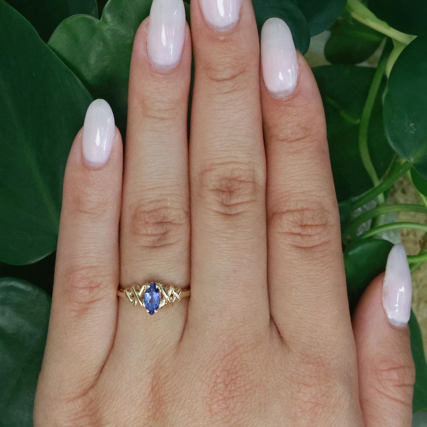 Blue Sapphire Solitaire X Ring 14K Yellow Gold 0.68 CT Synthetic Gem Size 6
