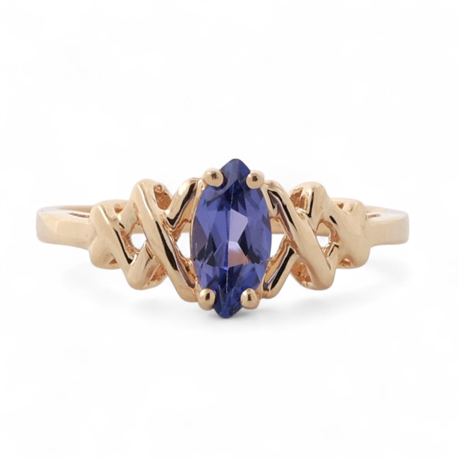 Blue Sapphire Solitaire X Ring 14K Yellow Gold 0.68 CT Synthetic Gem Size 6