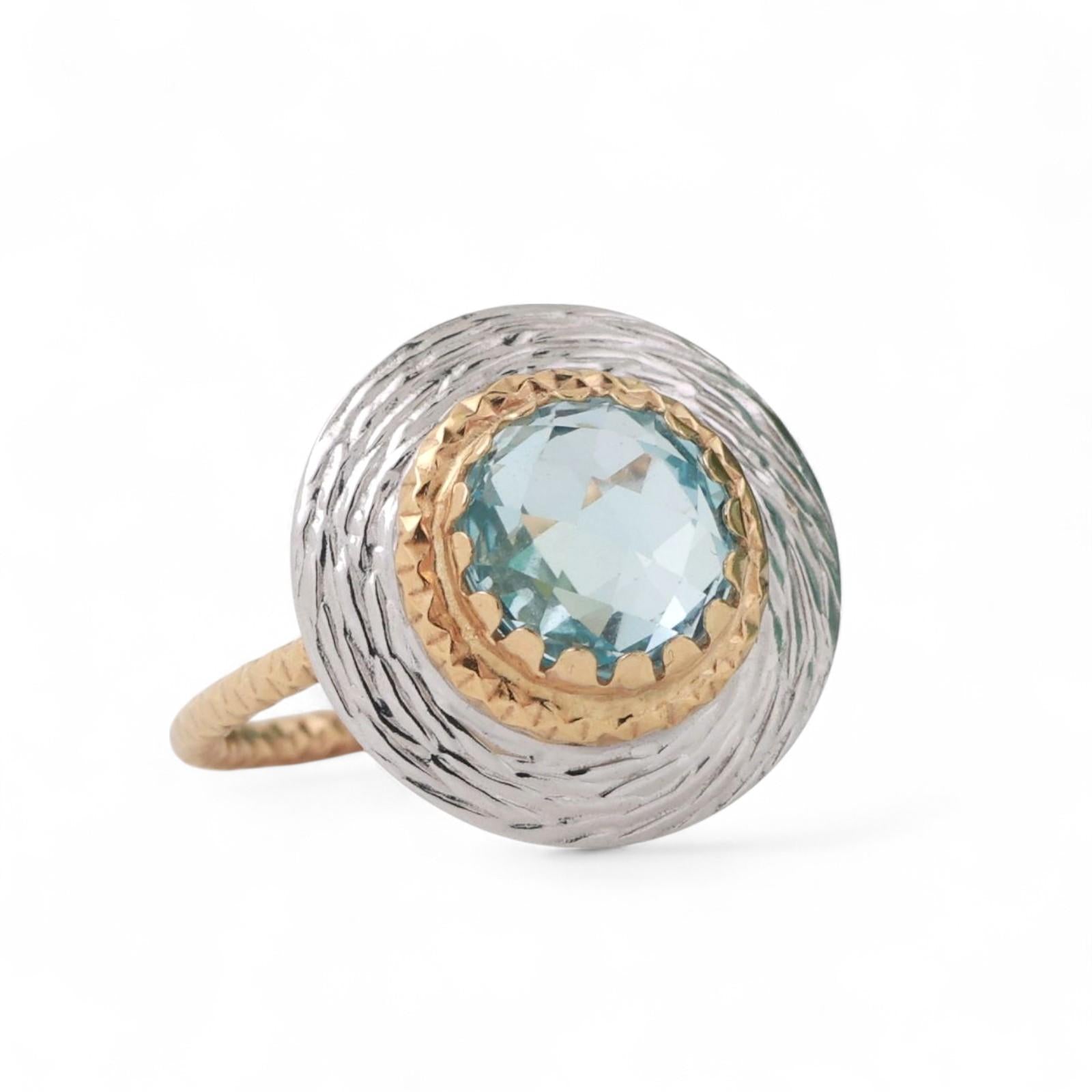 2.25 CT Round Blue Topaz Statement Ring 14K Gold Size 5.25 Ladies Estate