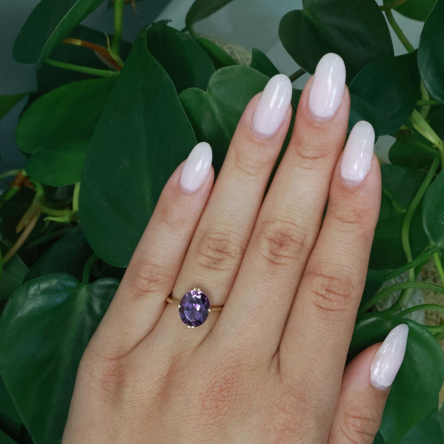 Solitaire Amethyst Oval Gemstone Cocktail Ring 14K Yellow Gold 3.10 CT Size 6.25