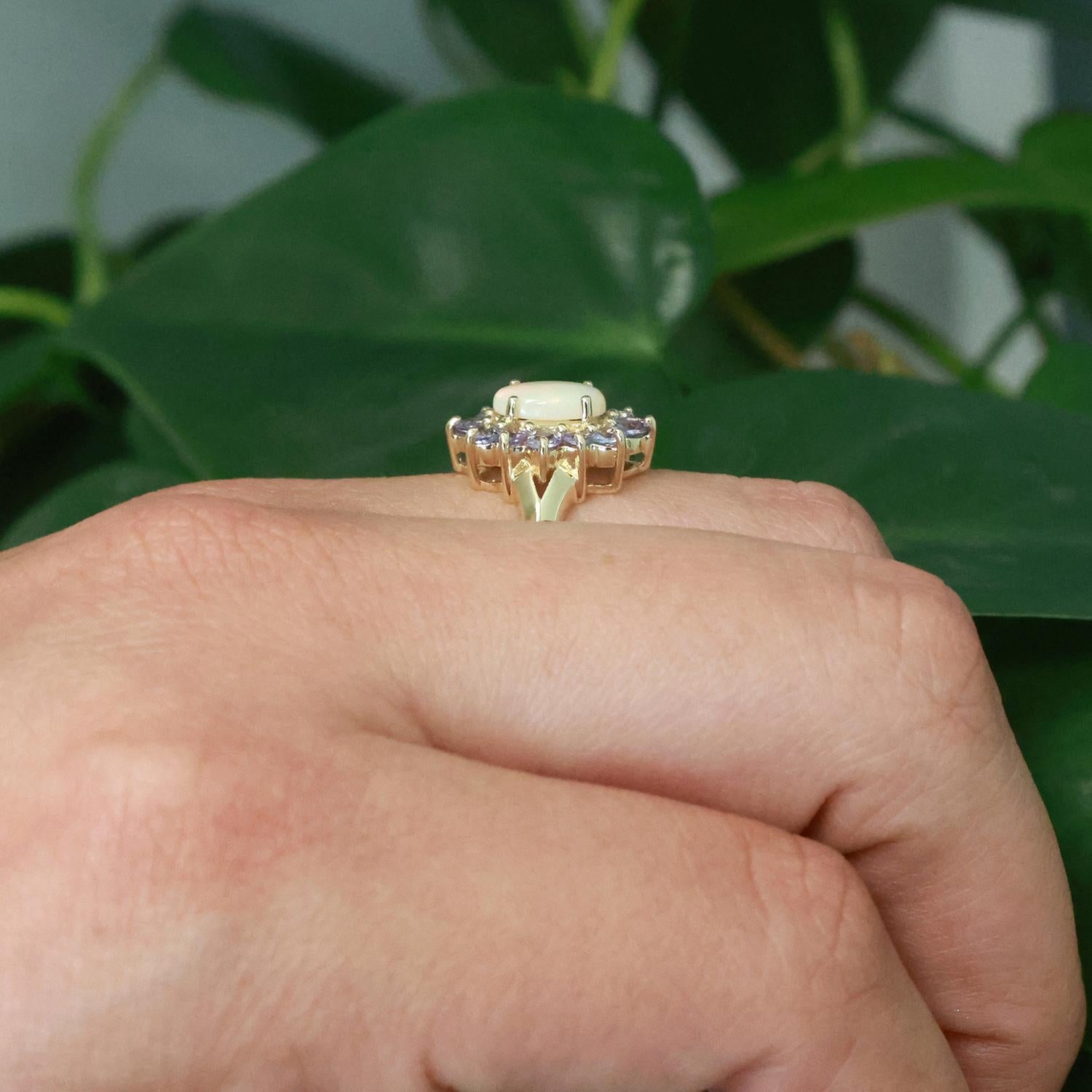 Oval Opal Tanzanite Halo Ring 14K Yellow Gold 1.57 CTW Size 7 Ladies Estate