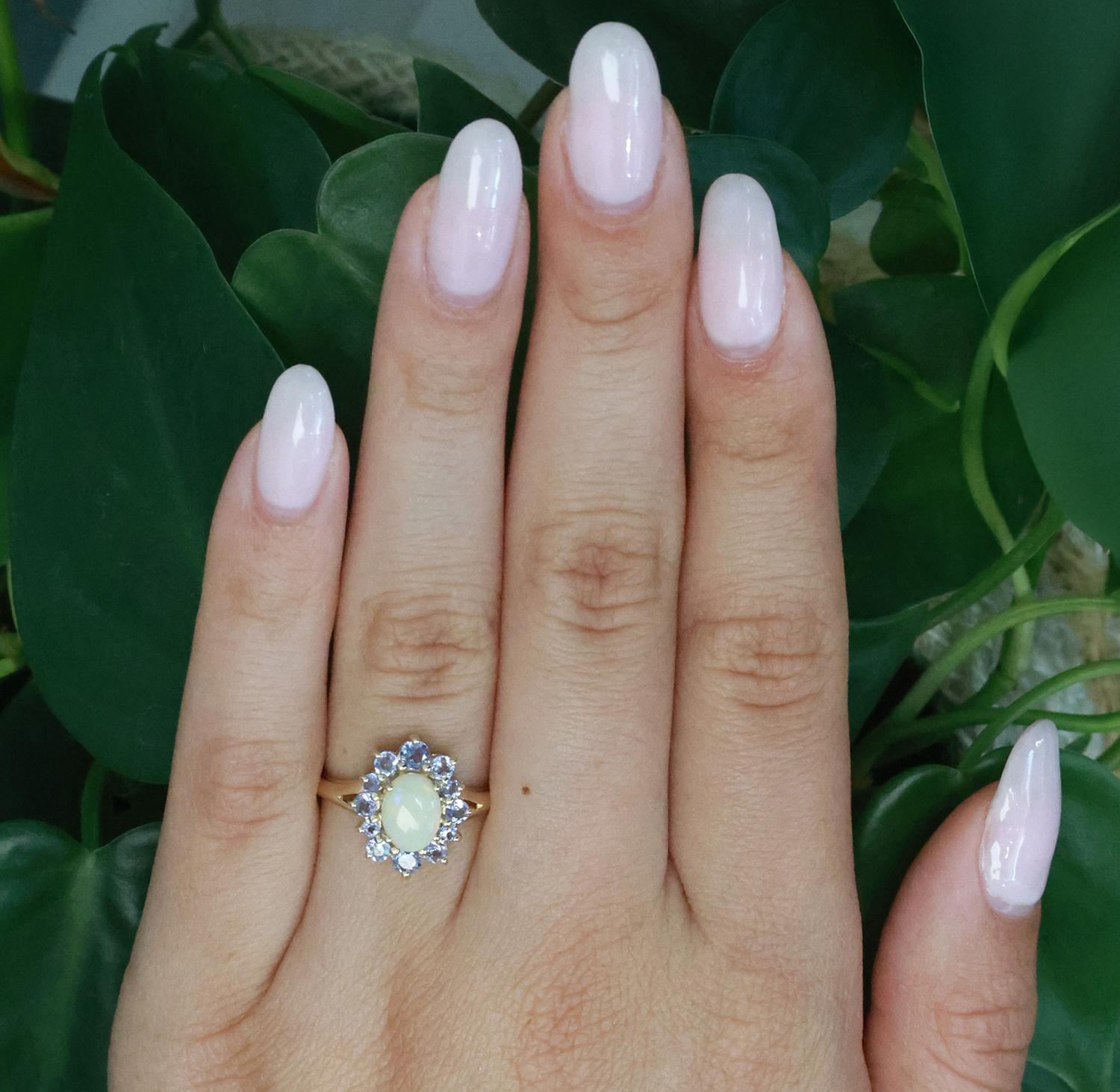 Oval Opal Tanzanite Halo Ring 14K Yellow Gold 1.57 CTW Size 7 Ladies Estate