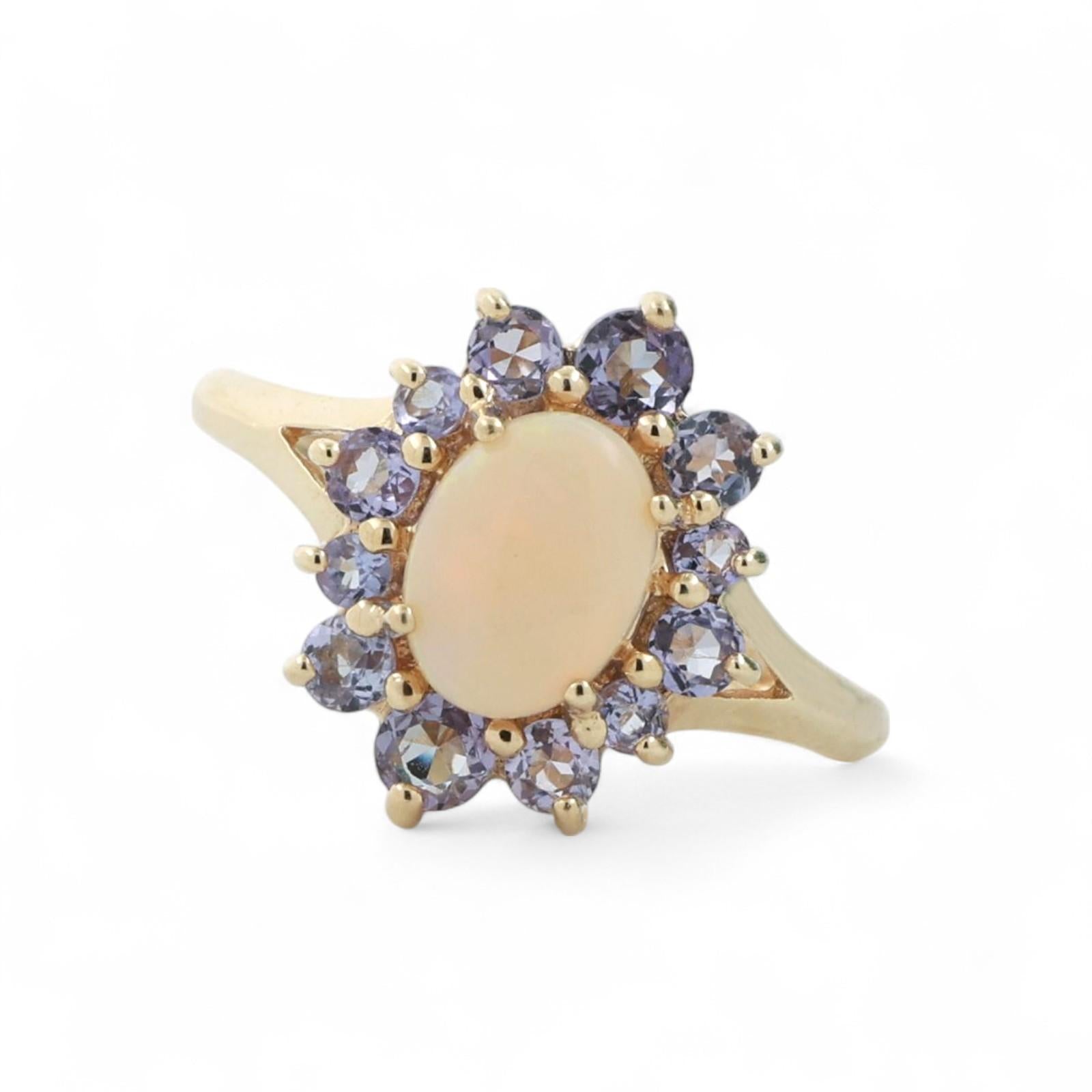 Oval Opal Tanzanite Halo Ring 14K Yellow Gold 1.57 CTW Size 7 Ladies Estate