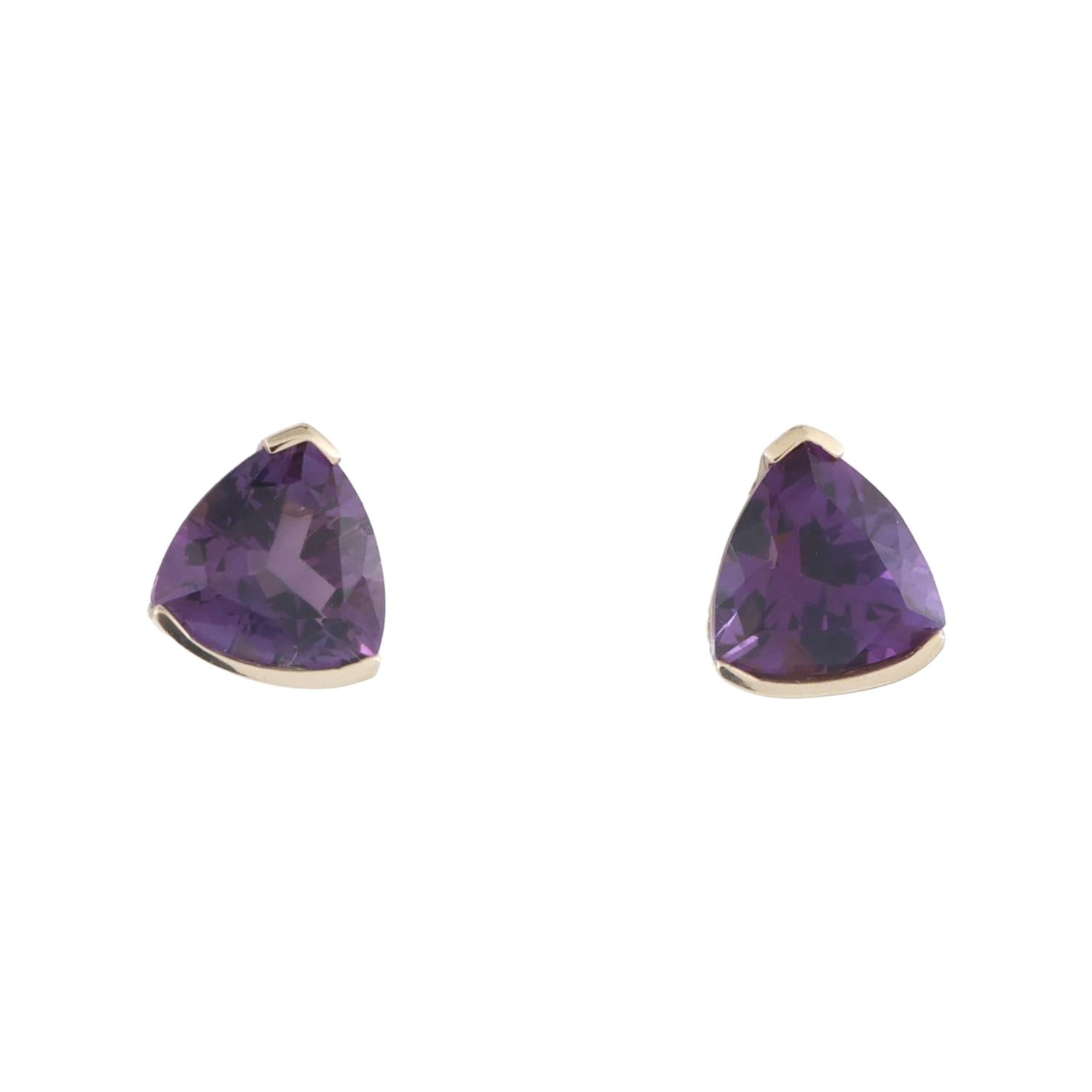 Trillion Cut Amethyst Gemstone Stud Earrings 14K Yellow Gold 2.78 CTW 8 MM