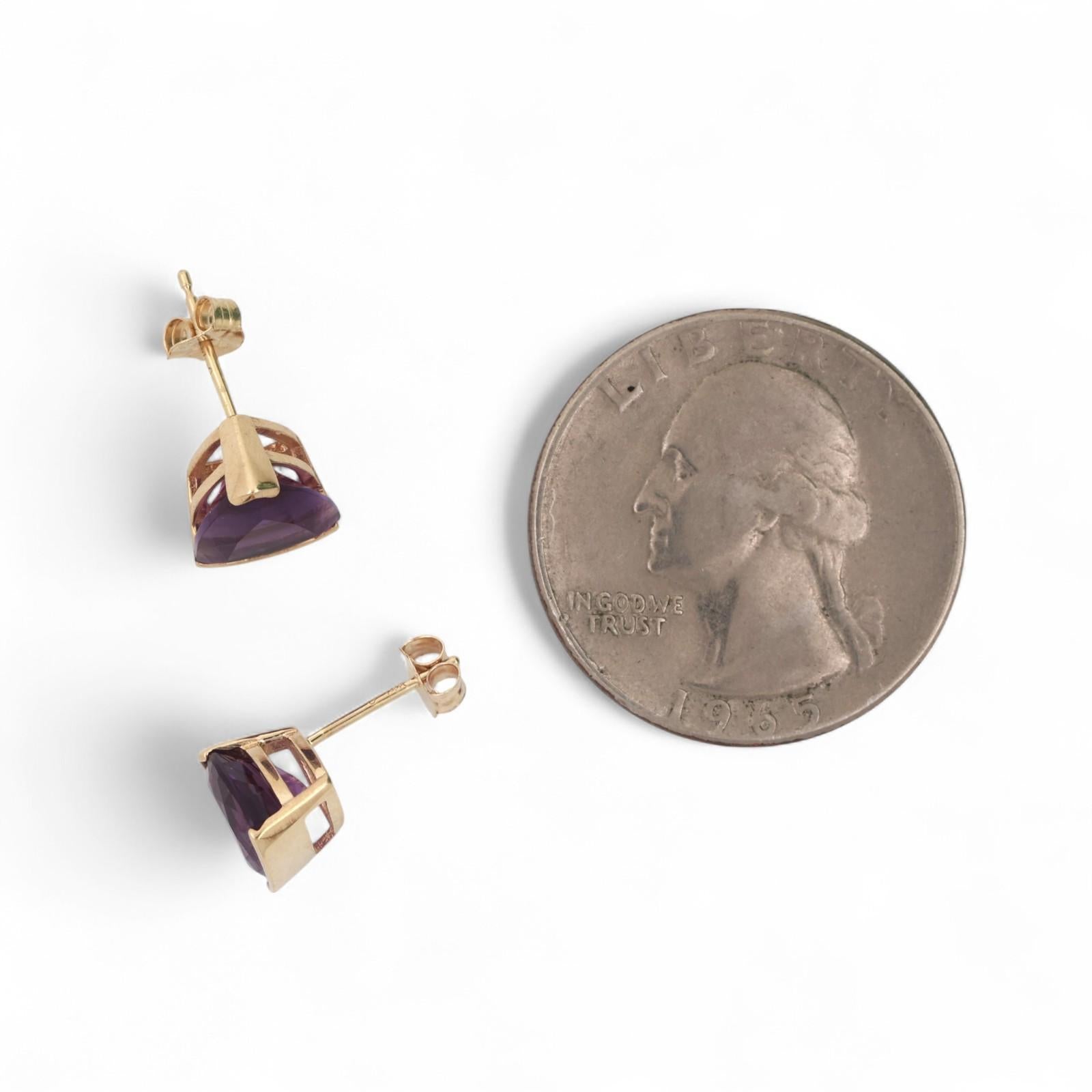 Trillion Cut Amethyst Gemstone Stud Earrings 14K Yellow Gold 2.78 CTW 8 MM