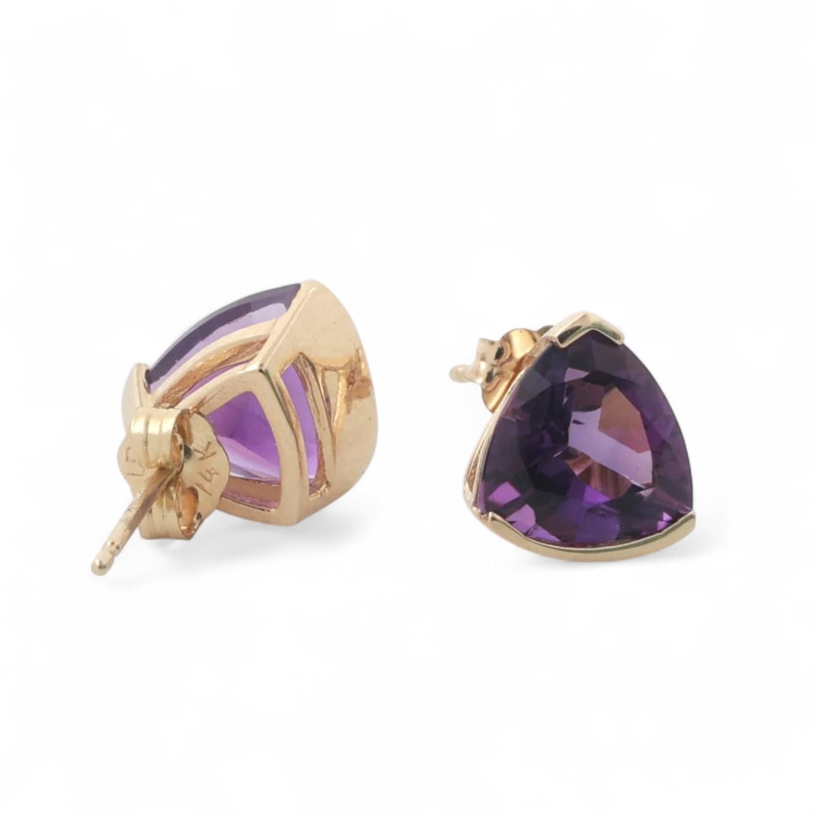 Trillion Cut Amethyst Gemstone Stud Earrings 14K Yellow Gold 2.78 CTW 8 MM