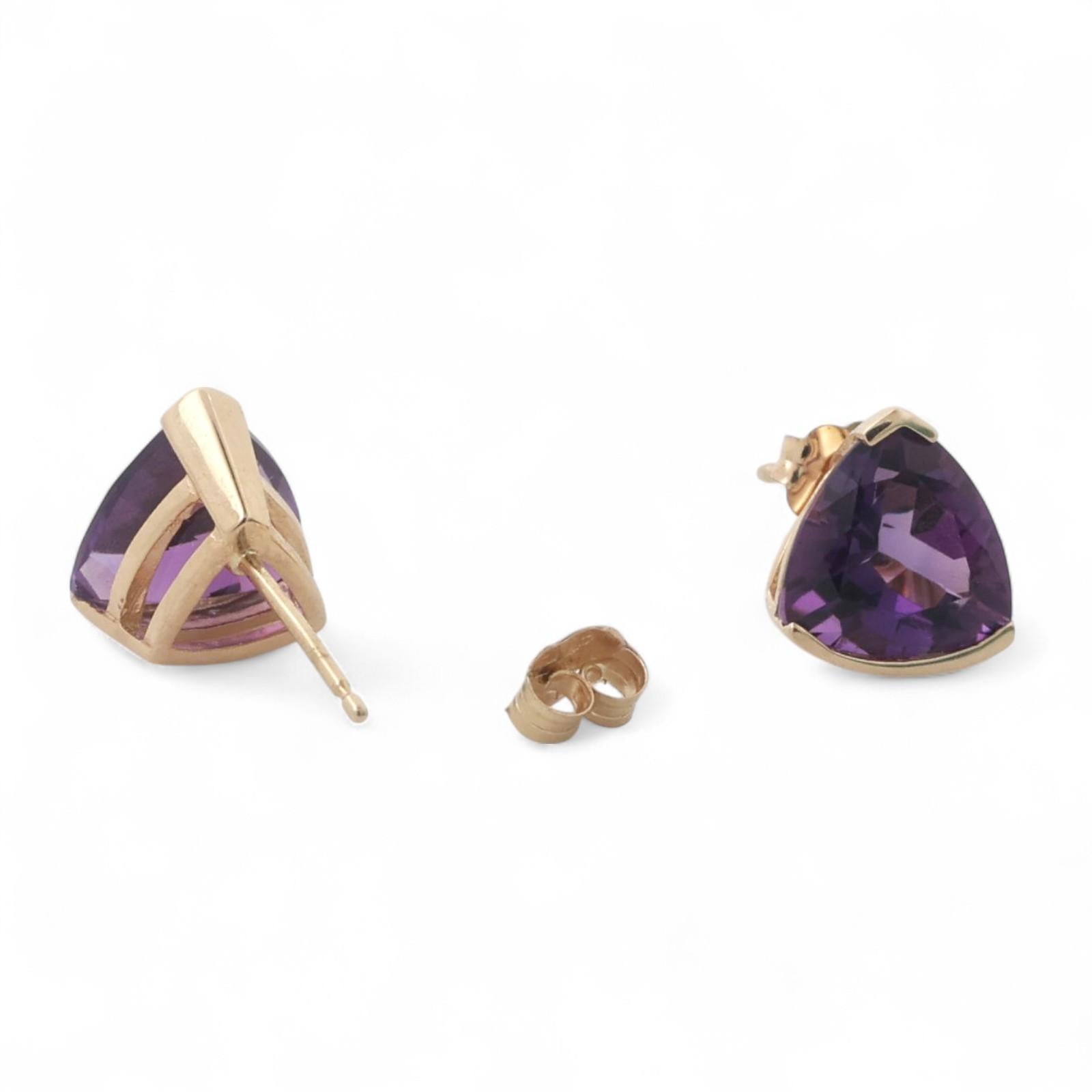 Trillion Cut Amethyst Gemstone Stud Earrings 14K Yellow Gold 2.78 CTW 8 MM