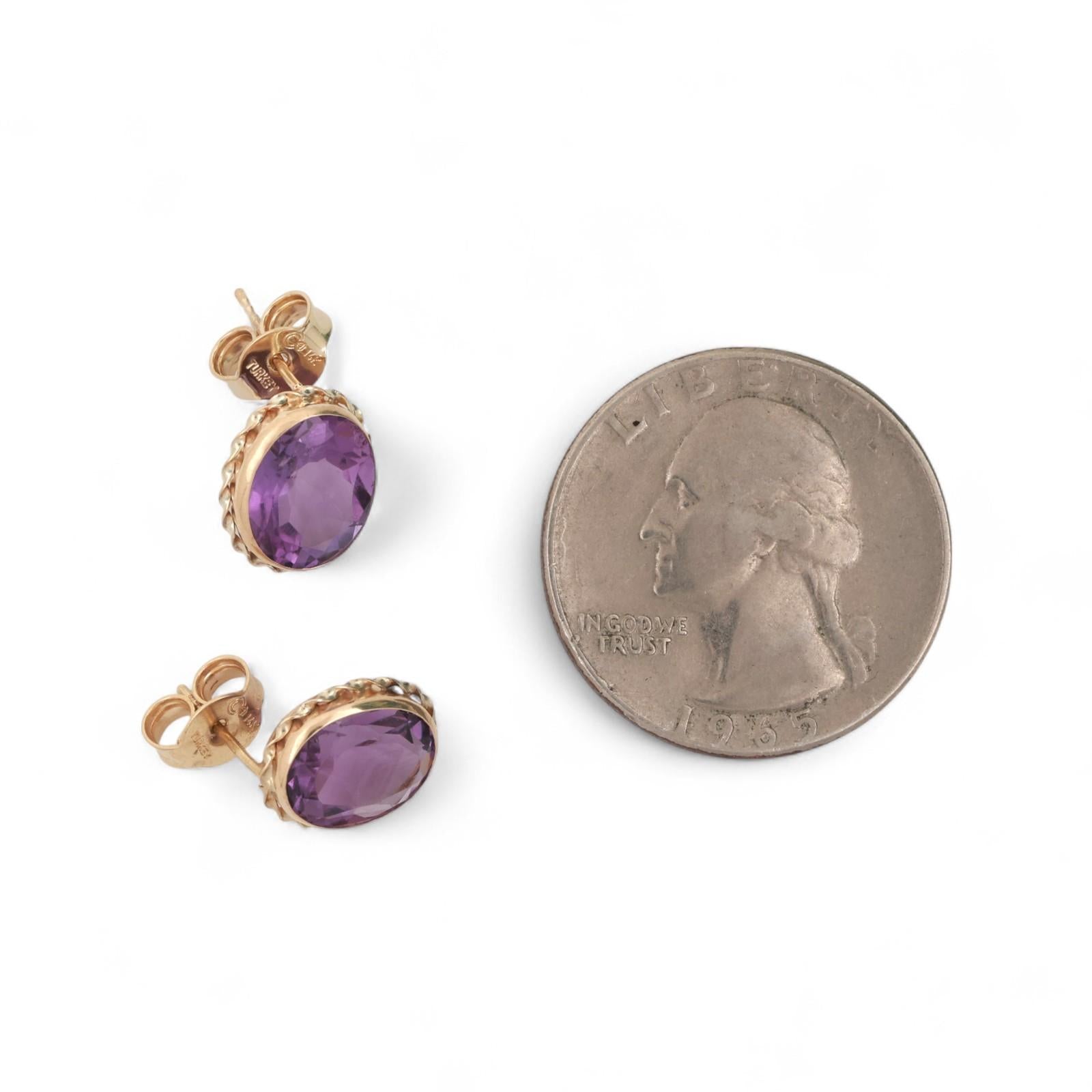 Oval Amethyst Gemstone Stud Earrings 14K Yellow Gold 4.80 CTW 0.45" Drop Ladies