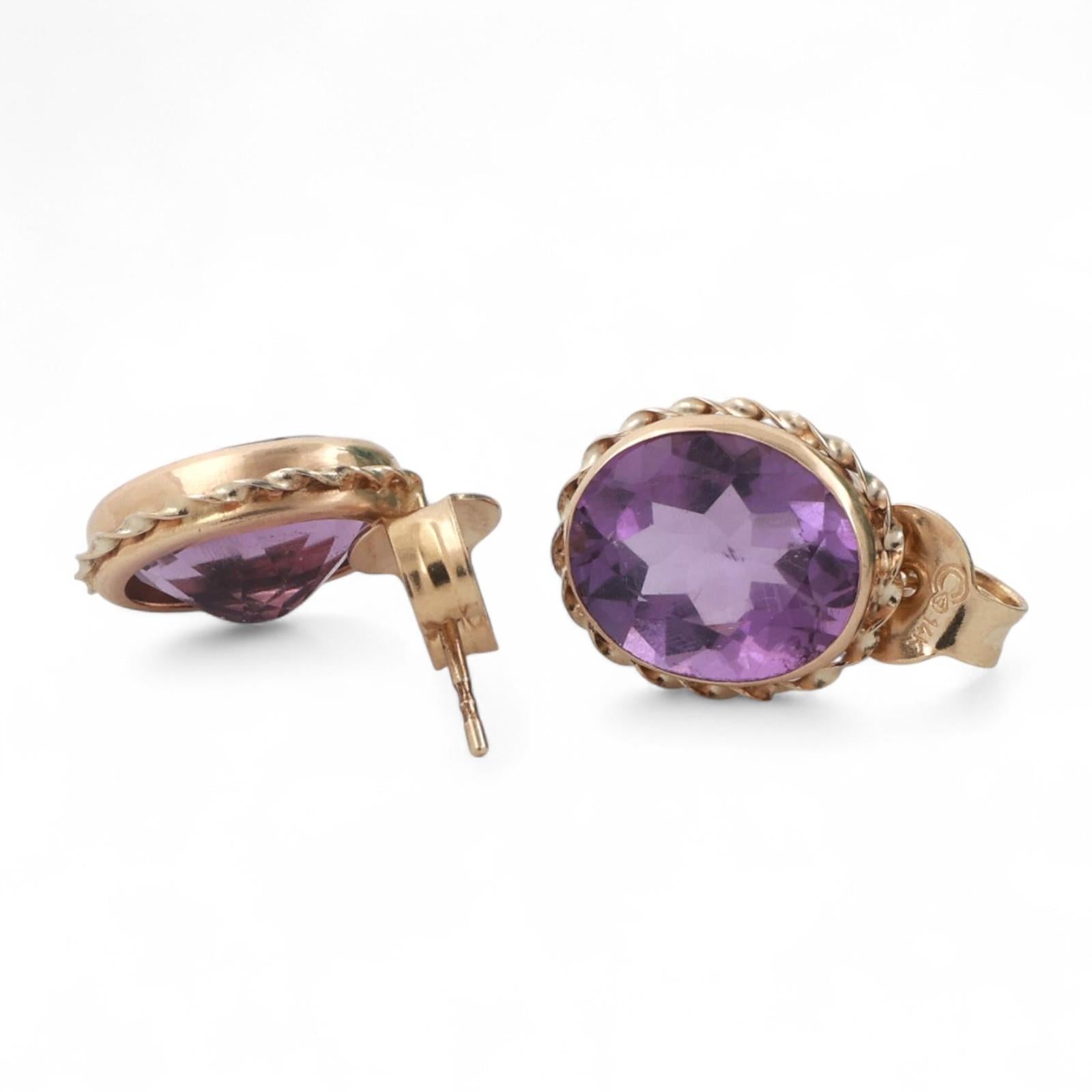 Oval Amethyst Gemstone Stud Earrings 14K Yellow Gold 4.80 CTW 0.45" Drop Ladies