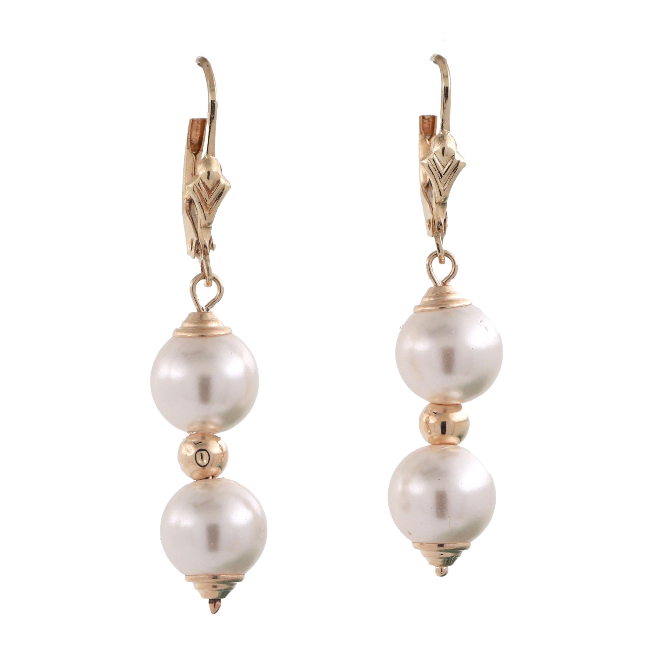 Faux Pearl Drop Dangle Earrings 14K Yellow Gold Lever Backs 1.50" Ladies Estate
