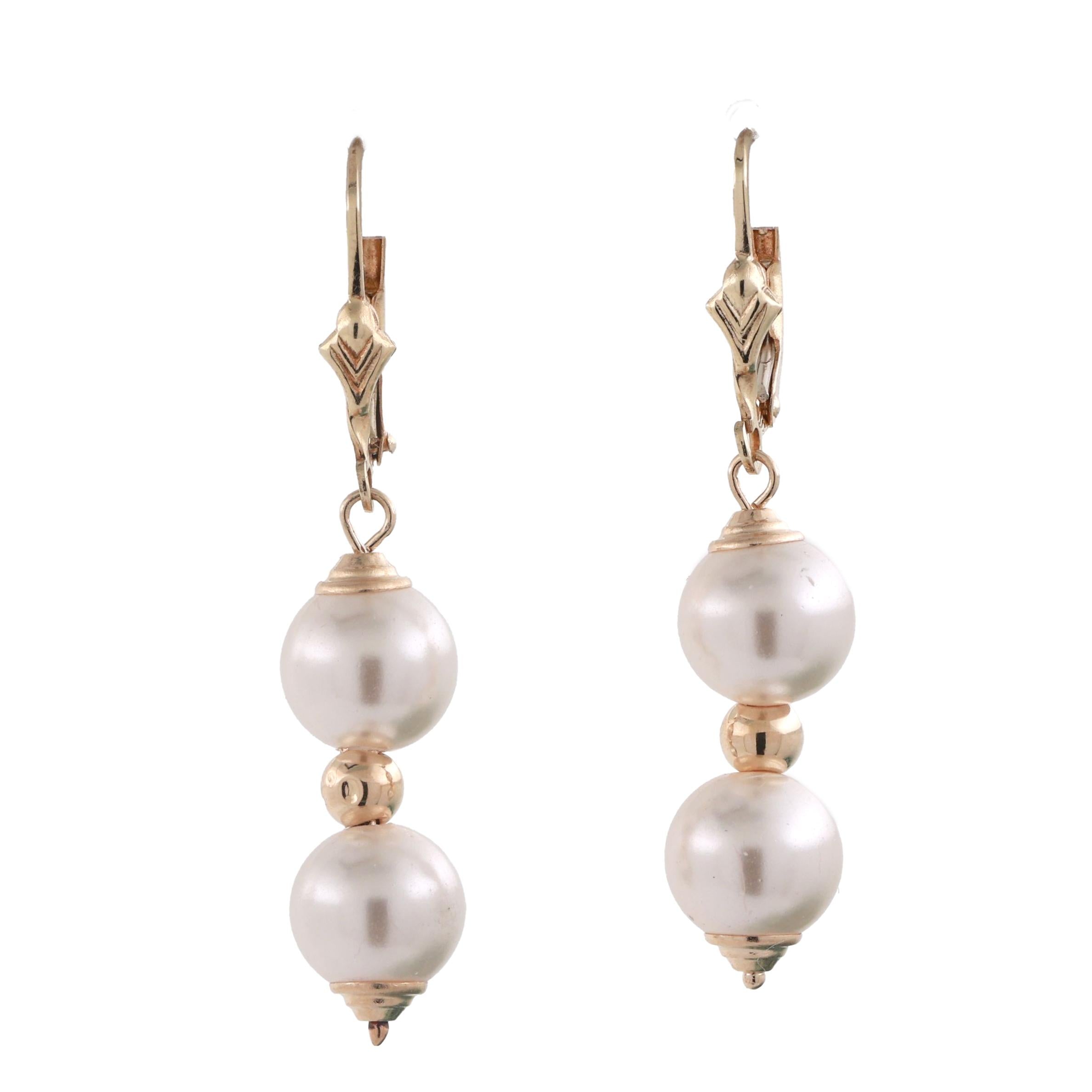 Faux Pearl Drop Dangle Earrings 14K Yellow Gold Lever Backs 1.50" Ladies Estate
