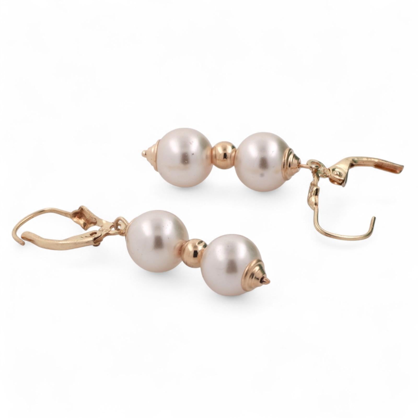 Faux Pearl Drop Dangle Earrings 14K Yellow Gold Lever Backs 1.50" Ladies Estate