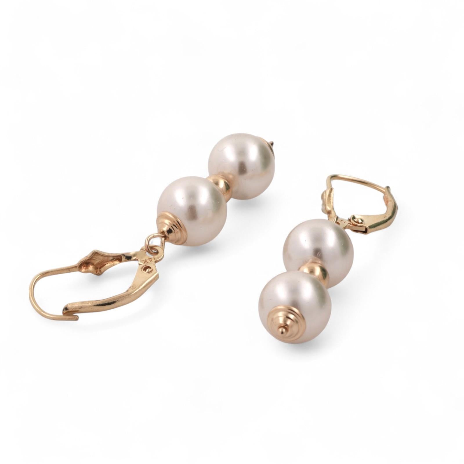 Faux Pearl Drop Dangle Earrings 14K Yellow Gold Lever Backs 1.50" Ladies Estate