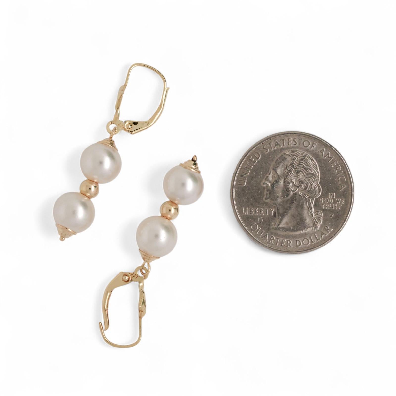 Faux Pearl Drop Dangle Earrings 14K Yellow Gold Lever Backs 1.50" Ladies Estate