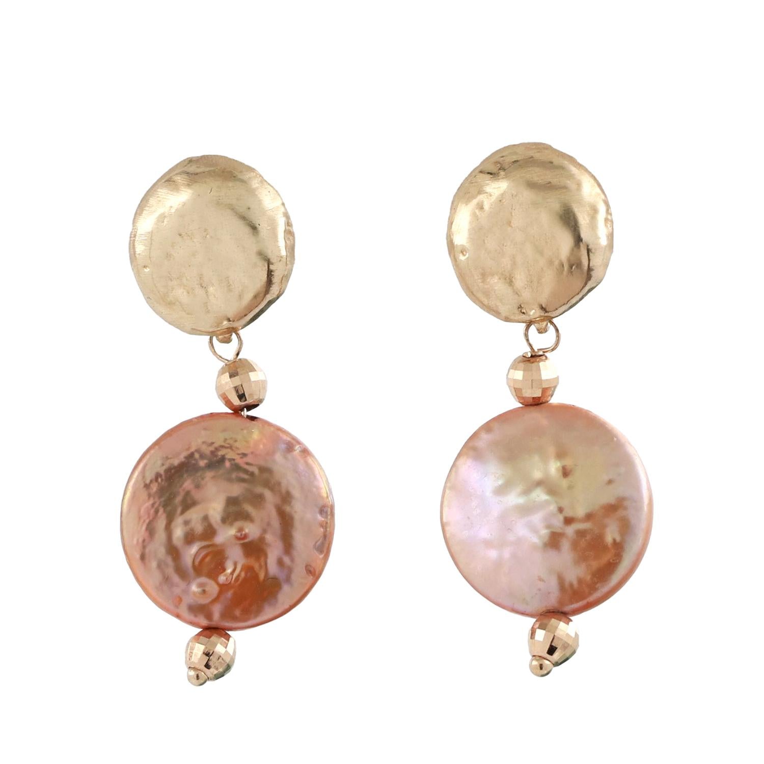 Peach Button Freshwater Pearl Drop Dangle Earrings 14K Yellow Gold 1" Ladies
