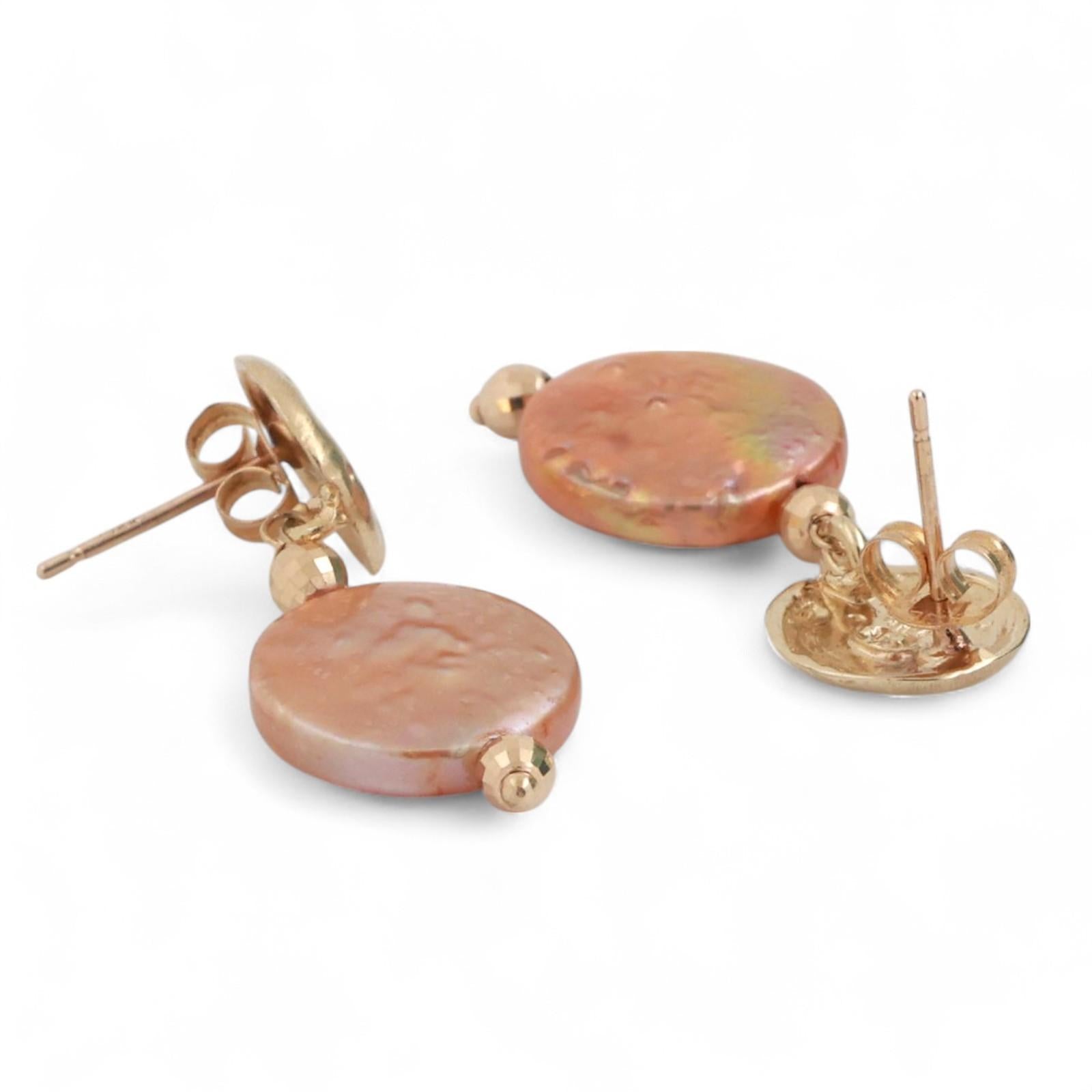 Peach Button Freshwater Pearl Drop Dangle Earrings 14K Yellow Gold 1" Ladies