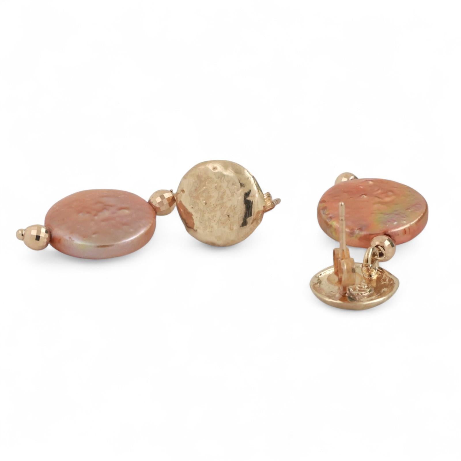 Peach Button Freshwater Pearl Drop Dangle Earrings 14K Yellow Gold 1" Ladies