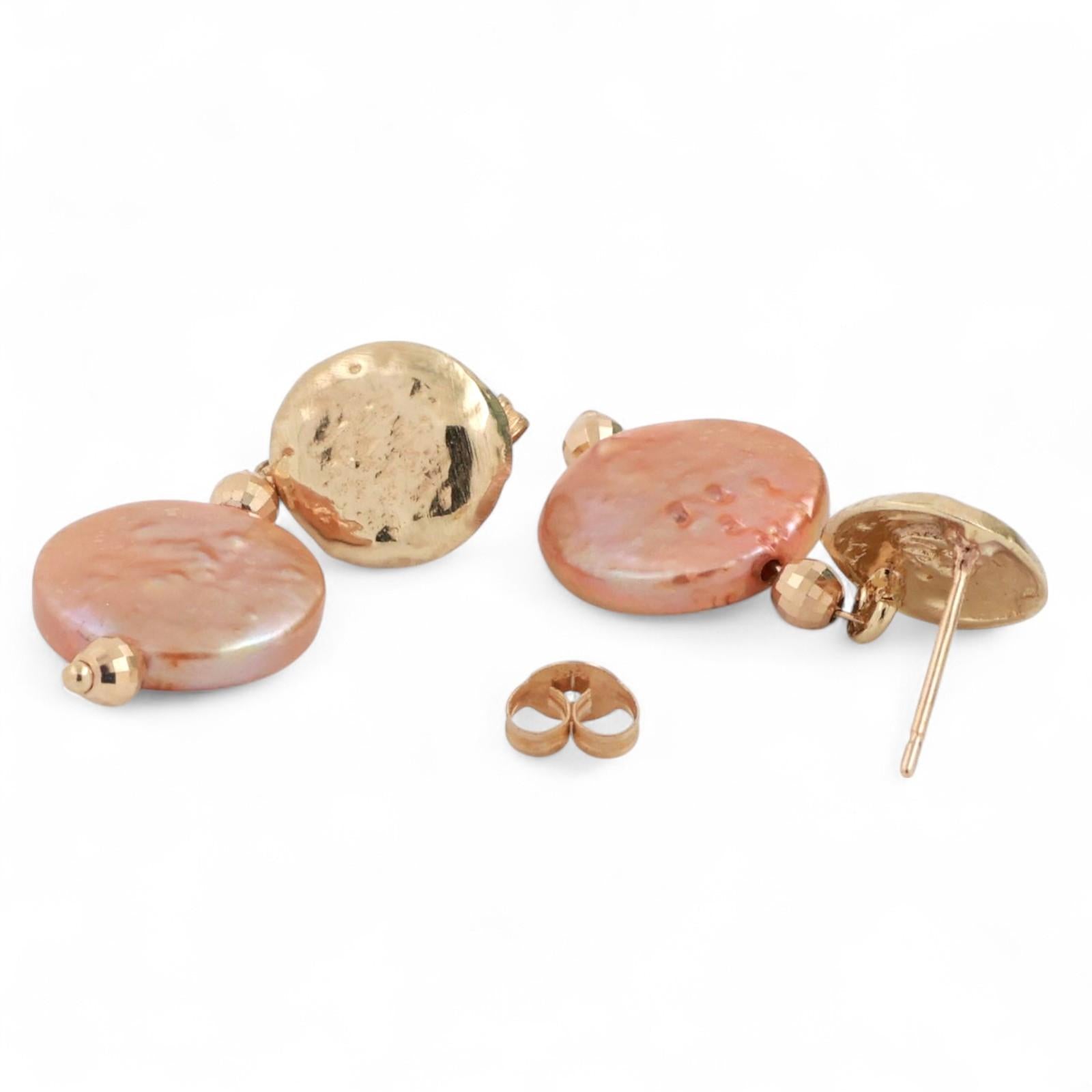 Peach Button Freshwater Pearl Drop Dangle Earrings 14K Yellow Gold 1" Ladies