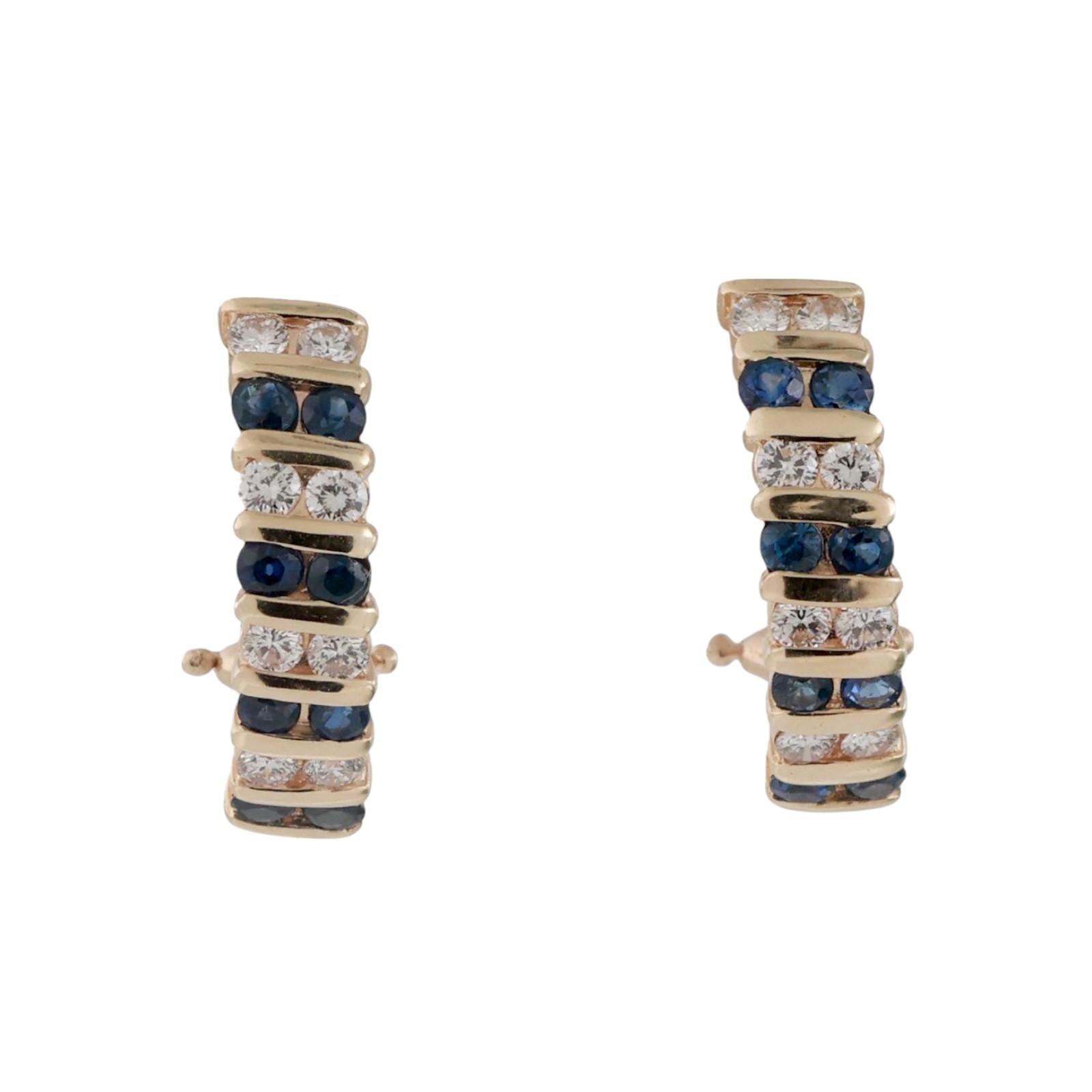 Sapphire Diamond J Hoop Earrings 14K Yellow Gold 1.29 CTW Omega Backs 0.60"