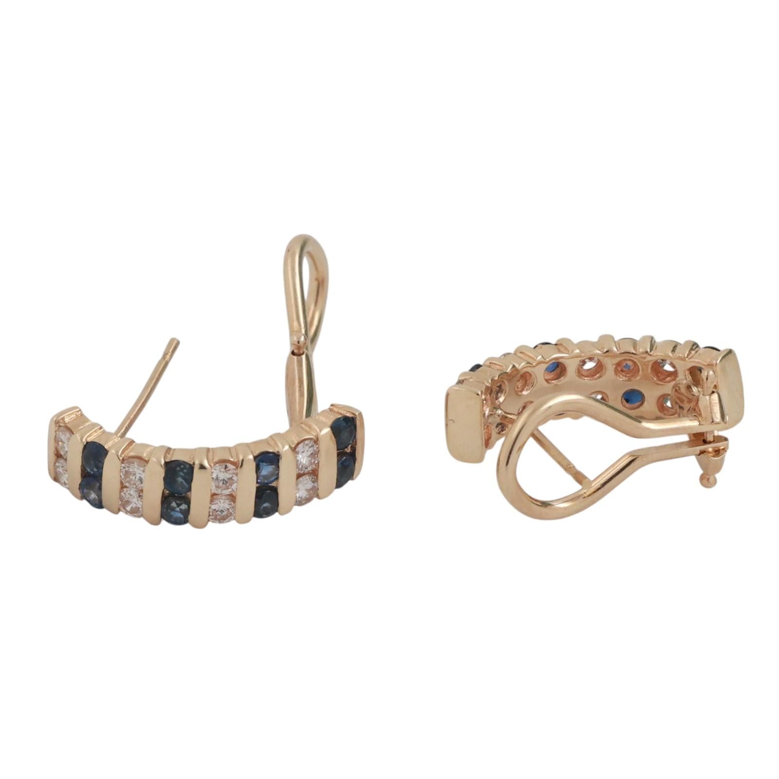 Sapphire Diamond J Hoop Earrings 14K Yellow Gold 1.29 CTW Omega Backs 0.60"