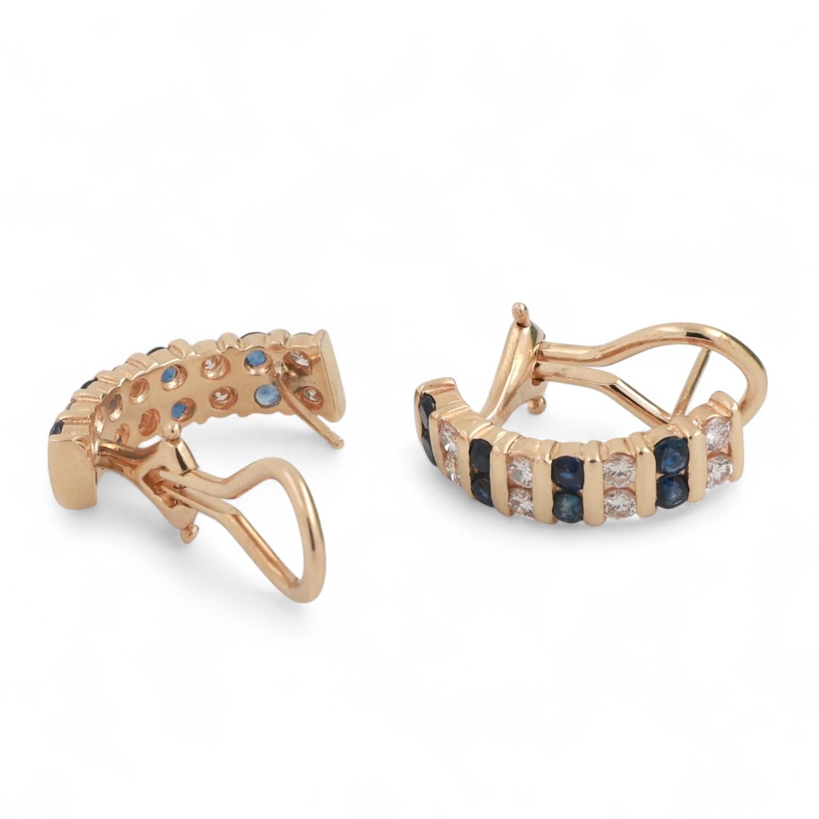 Sapphire Diamond J Hoop Earrings 14K Yellow Gold 1.29 CTW Omega Backs 0.60"
