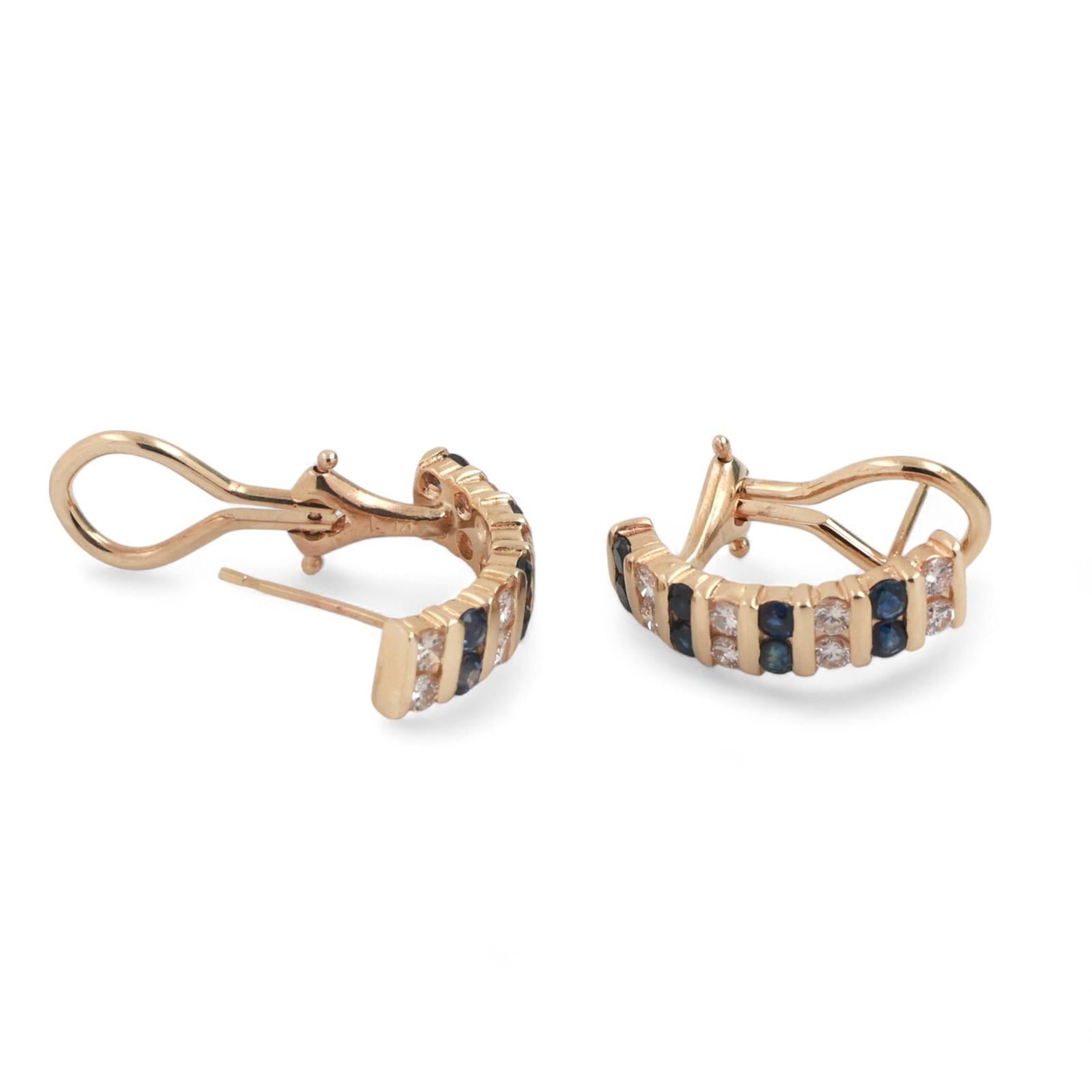 Sapphire Diamond J Hoop Earrings 14K Yellow Gold 1.29 CTW Omega Backs 0.60"