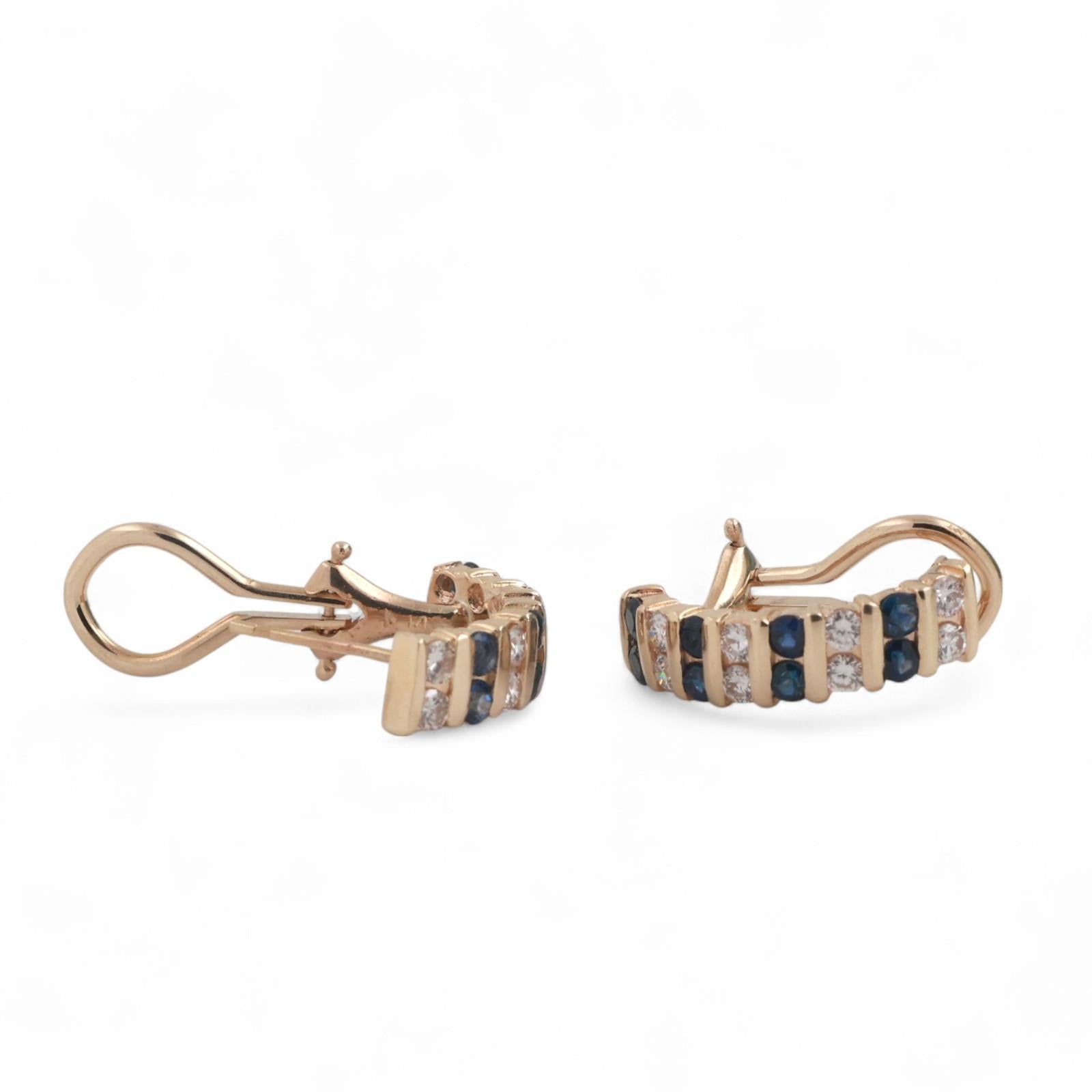 Sapphire Diamond J Hoop Earrings 14K Yellow Gold 1.29 CTW Omega Backs 0.60"