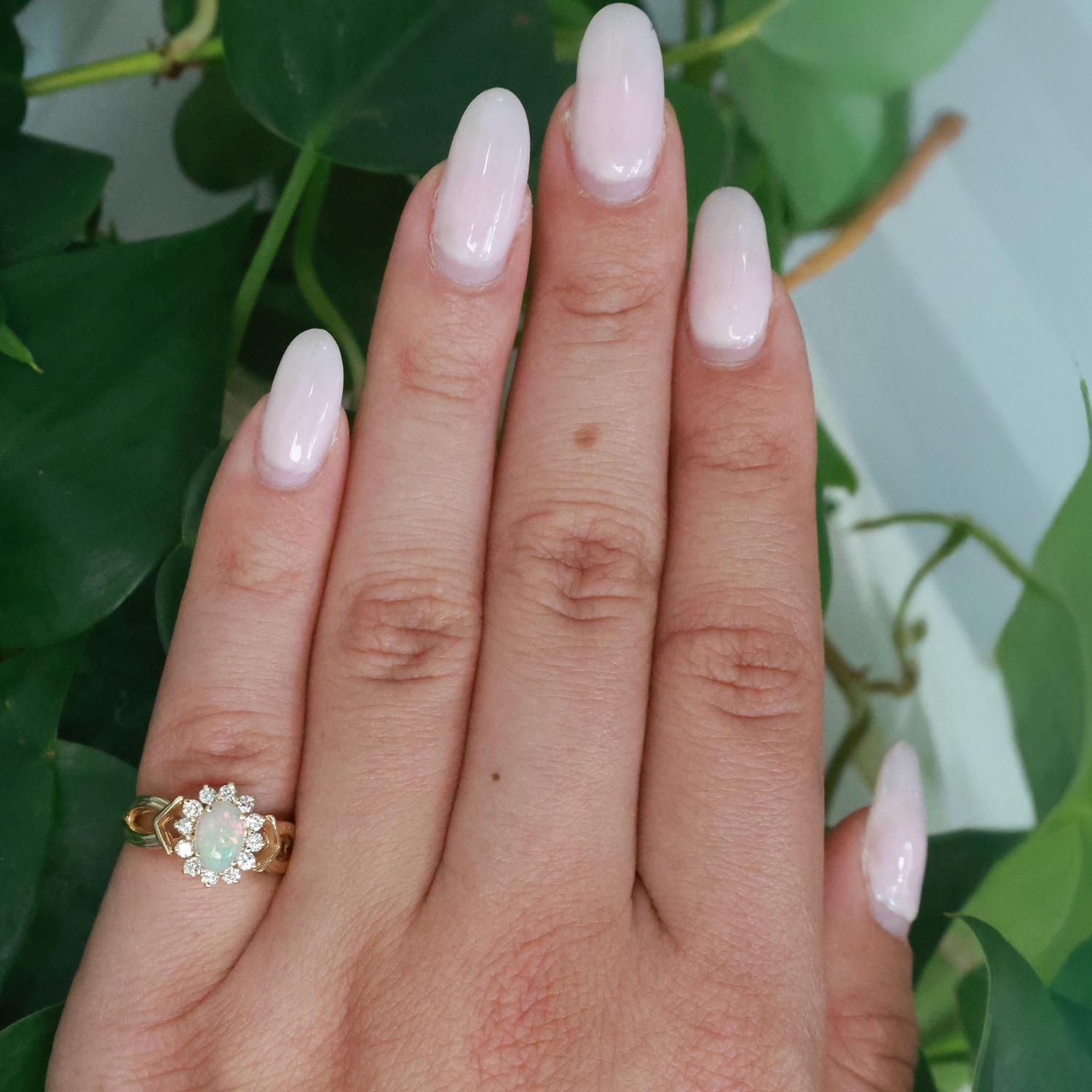 Oval Cut Opal Diamond Halo Ring 14K Yellow Gold 0.78 CTW Size 3.75 Estate