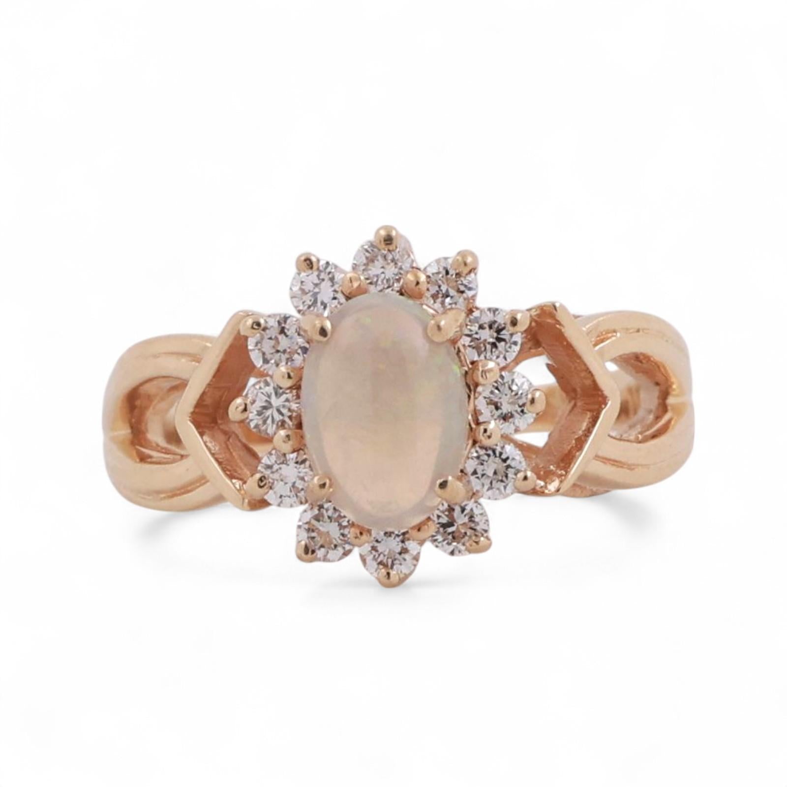 Oval Cut Opal Diamond Halo Ring 14K Yellow Gold 0.78 CTW Size 3.75 Estate