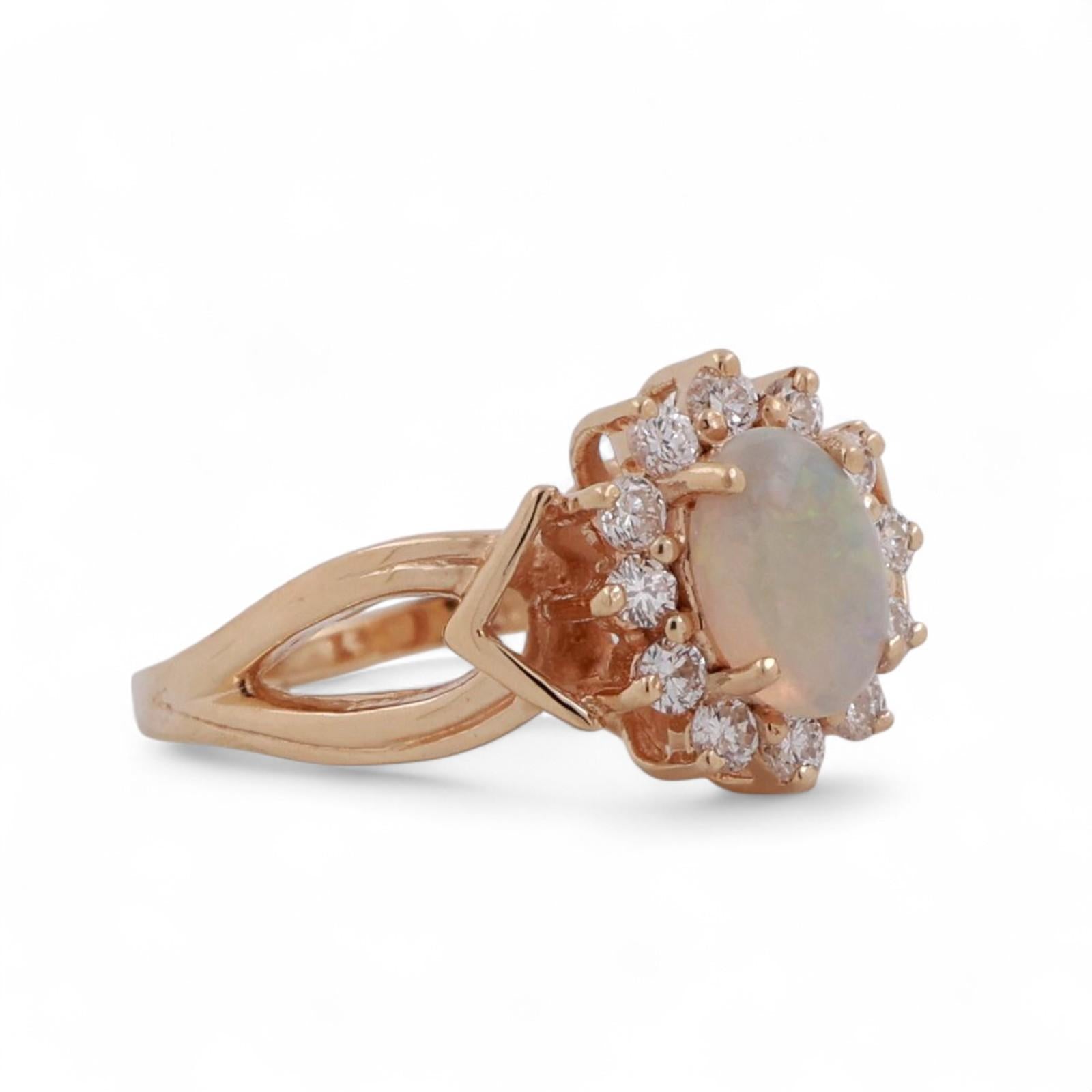 Oval Cut Opal Diamond Halo Ring 14K Yellow Gold 0.78 CTW Size 3.75 Estate