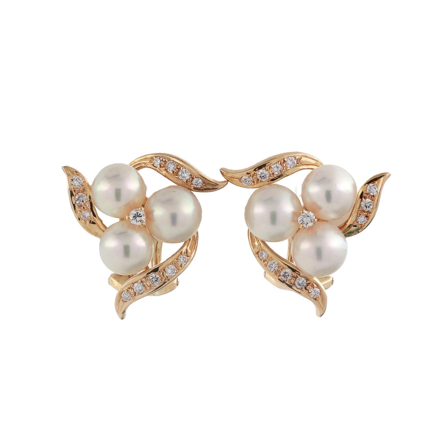 Mikimoto Cultured Akoya Pearl Diamond Floral Earrings 18K Yellow Gold 0.65"
