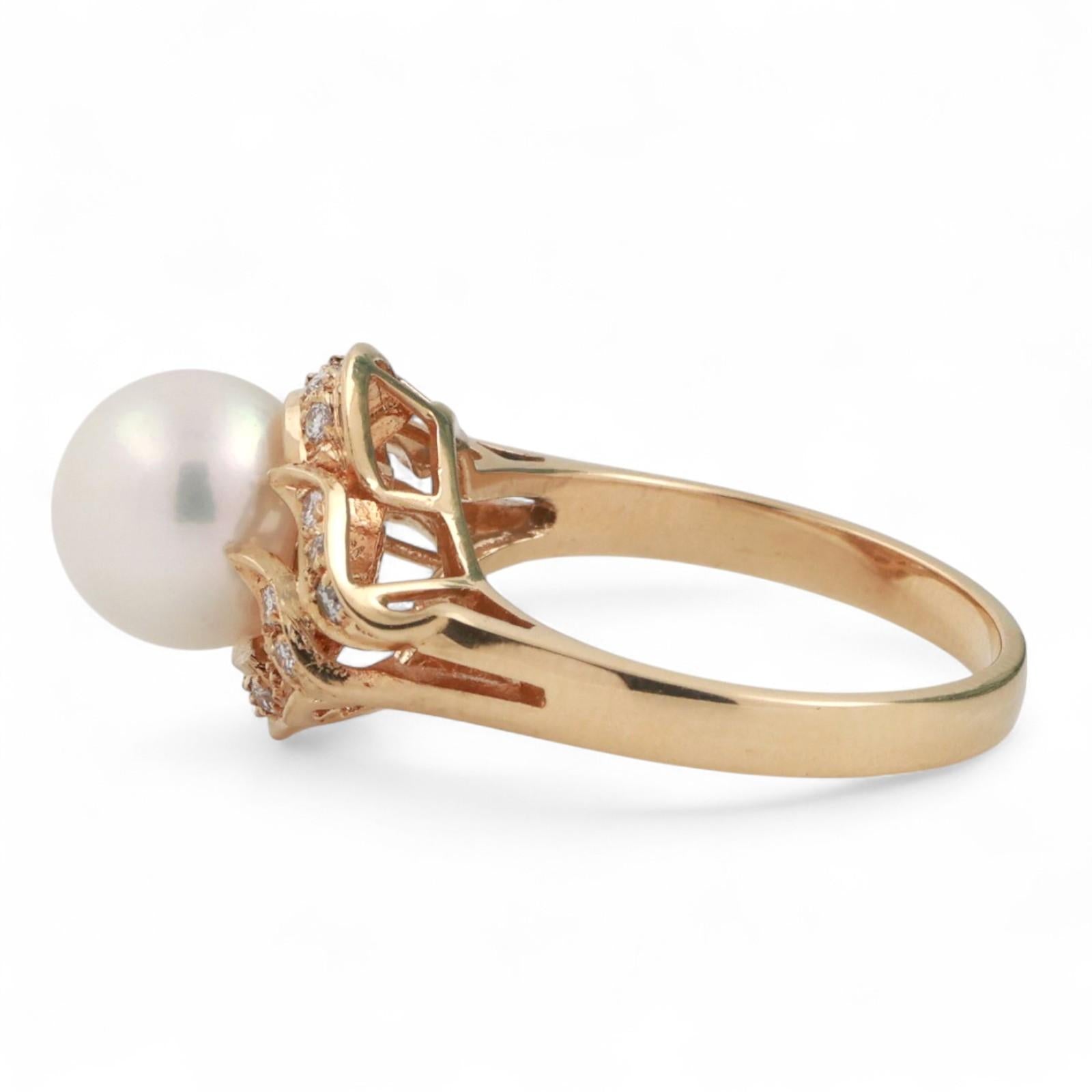 Mikimoto Akoya Pearl Diamond Cocktail Ring 18K Yellow Gold Floral Size 6.5