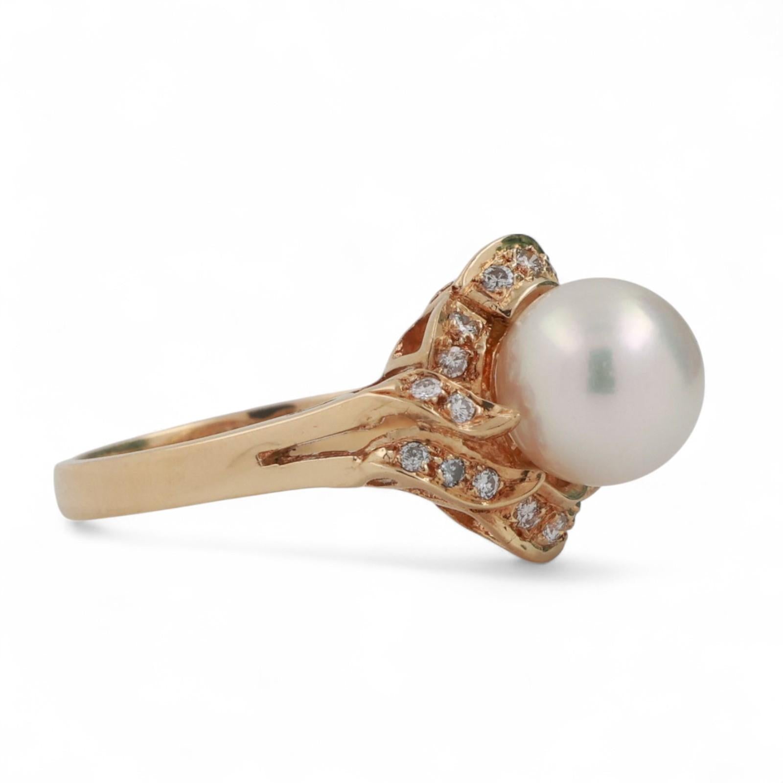 Mikimoto Akoya Pearl Diamond Cocktail Ring 18K Yellow Gold Floral Size 6.5