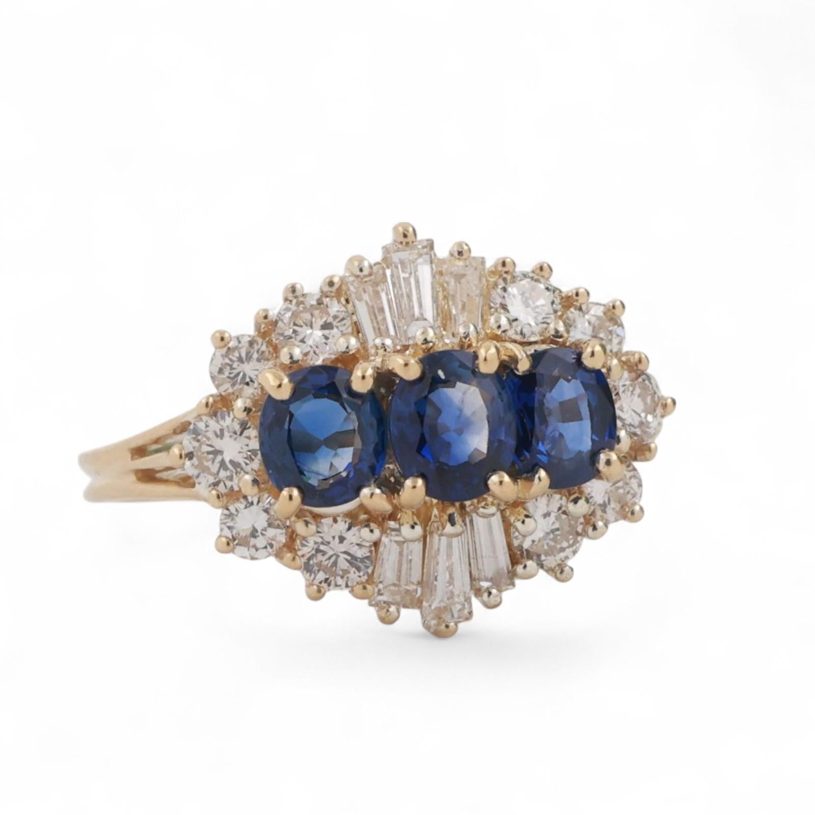 Sapphire Diamond Cocktail Ring 18K Yellow Gold 2.06 CTW Size 6.5 Ladies Estate