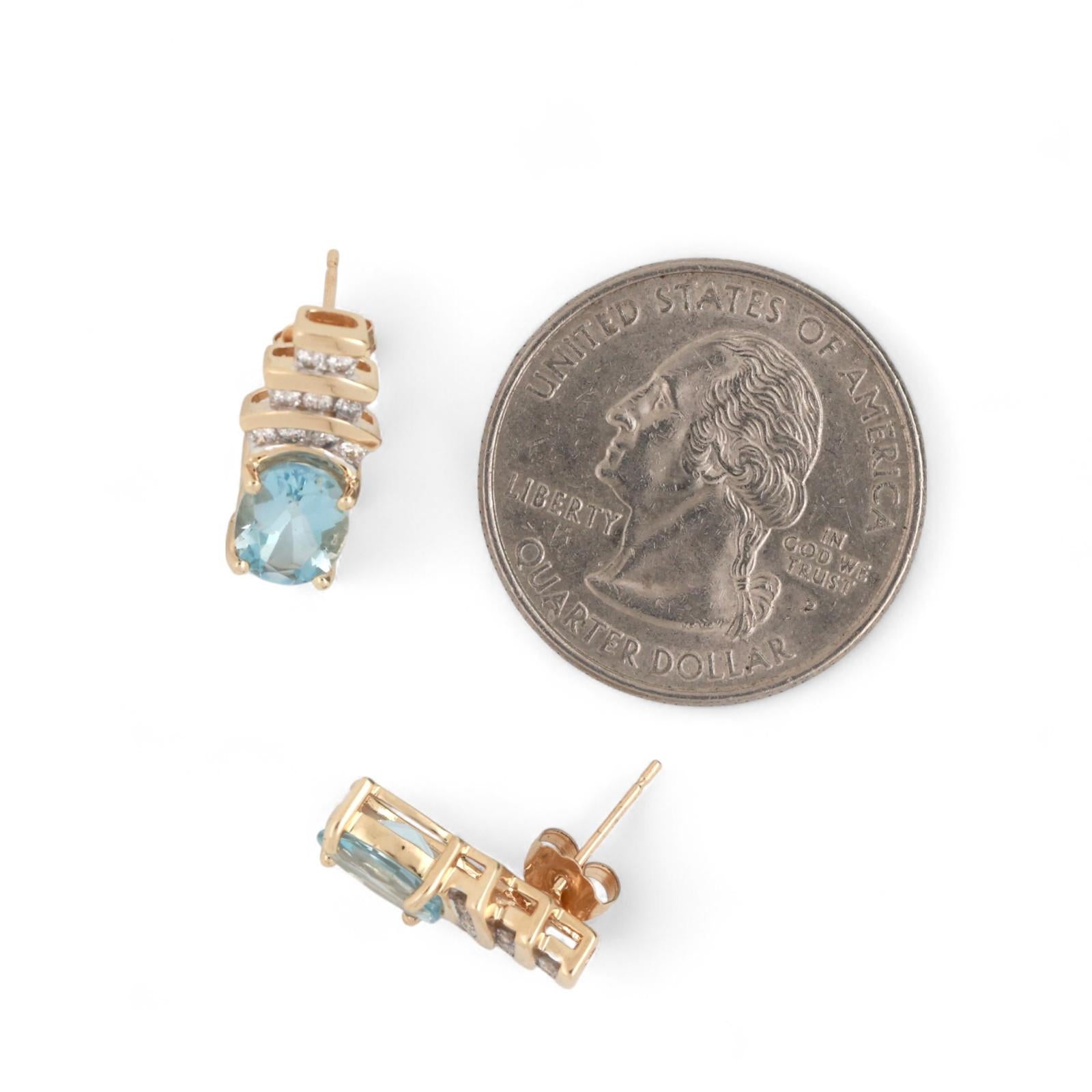 Blue Topaz Diamond Drop Earrings 14K Yellow Gold 3.39 CTW 0.47" Ladies Estate