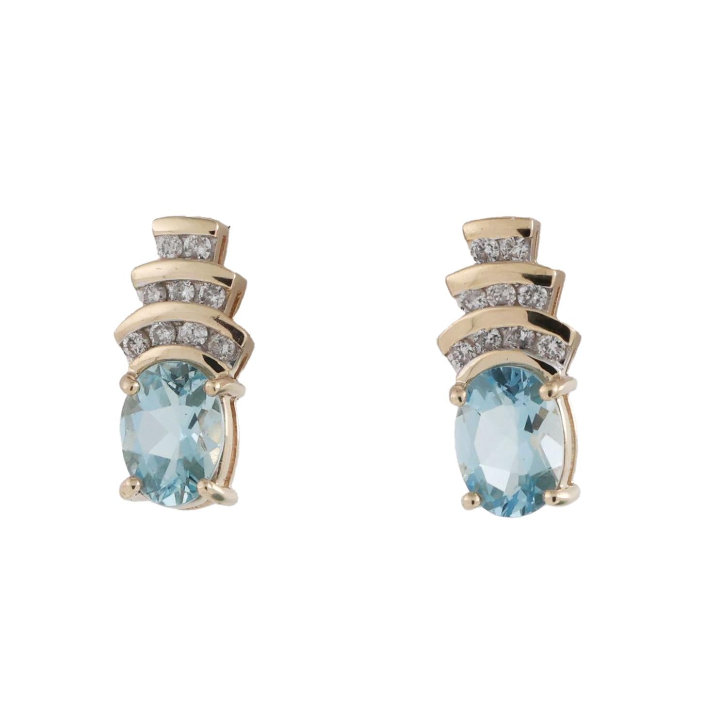 Blue Topaz Diamond Drop Earrings 14K Yellow Gold 3.39 CTW 0.47" Ladies Estate