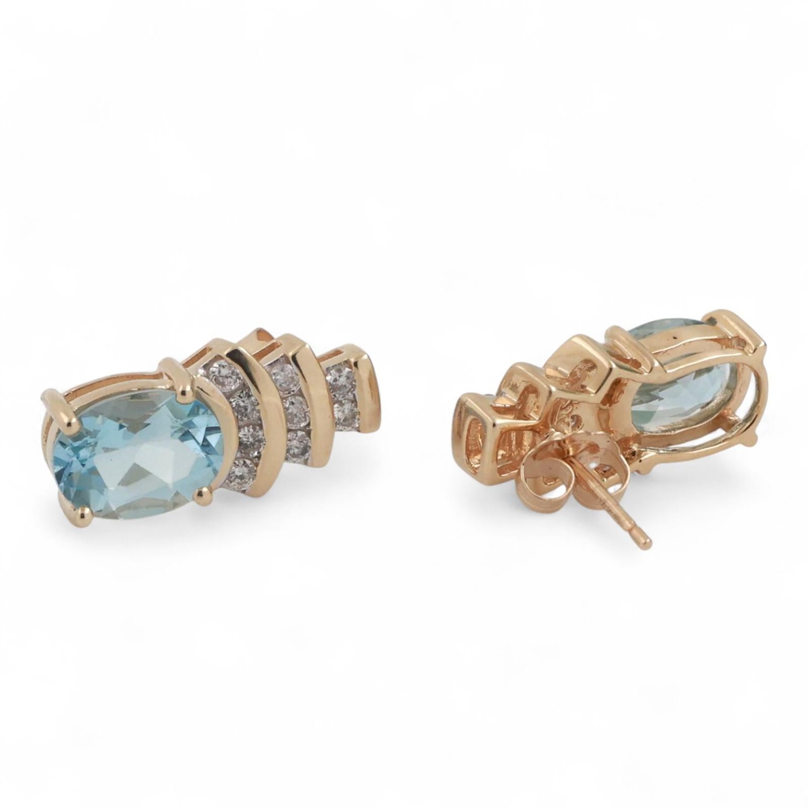Blue Topaz Diamond Drop Earrings 14K Yellow Gold 3.39 CTW 0.47" Ladies Estate